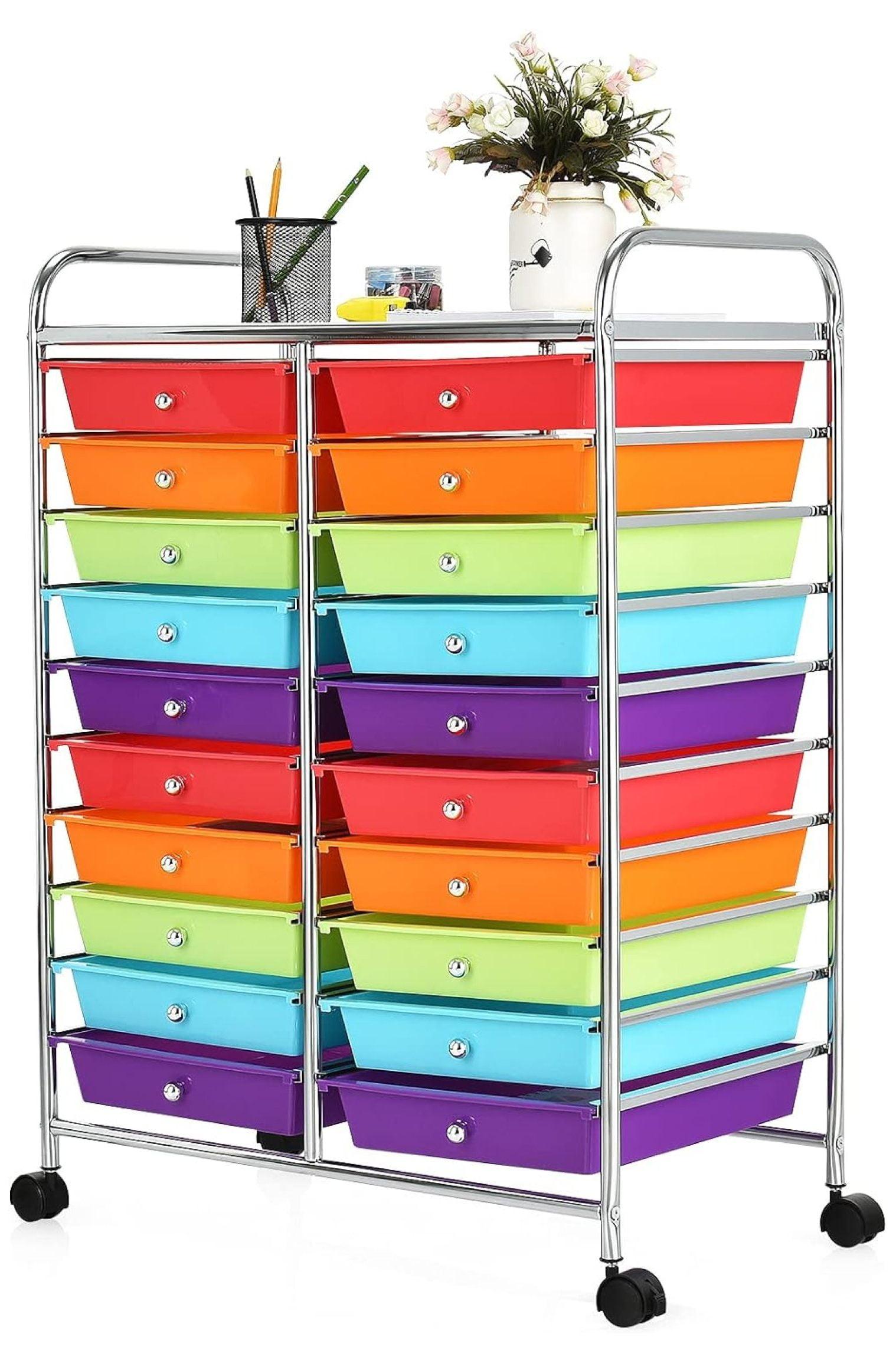 Multicolor 16-Drawer Rolling Storage Cart with Chrome Frame