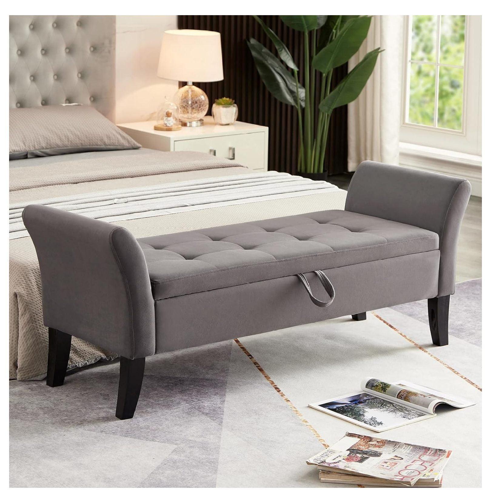 51.5'' Gray Velvet Tufted Storage Ottoman Bench with Arms