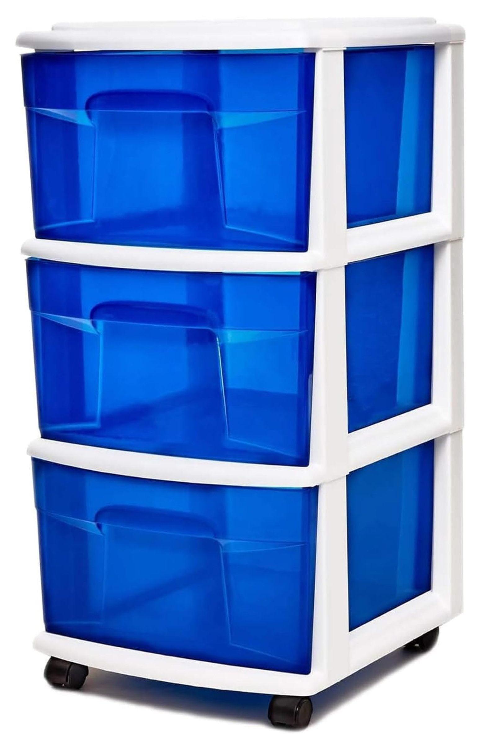 CLkPde Plastic 3 Drawer Medium Home Organization Storage Container Tower with 3 Large Blue Drawers and Removeable Caster Wheels, White Frame