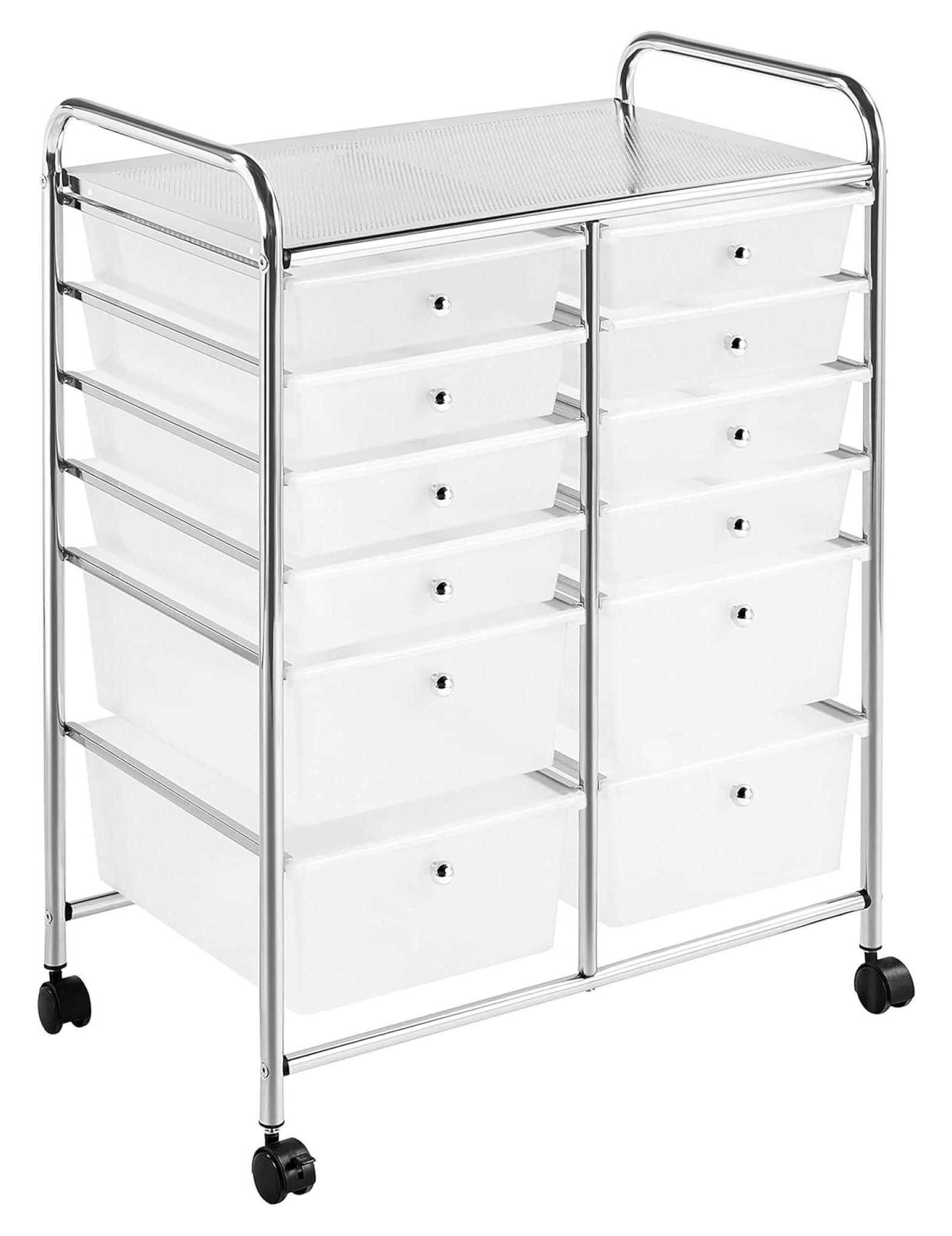 White 12-Drawer Rolling Storage Cart with Metal Frame