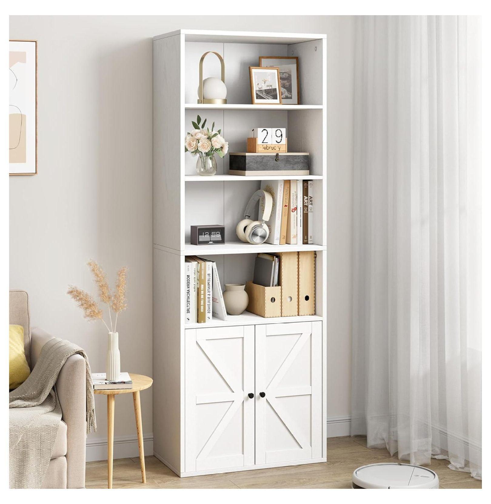 White Farmhouse Adjustable Bookcase with Doors and Shelves