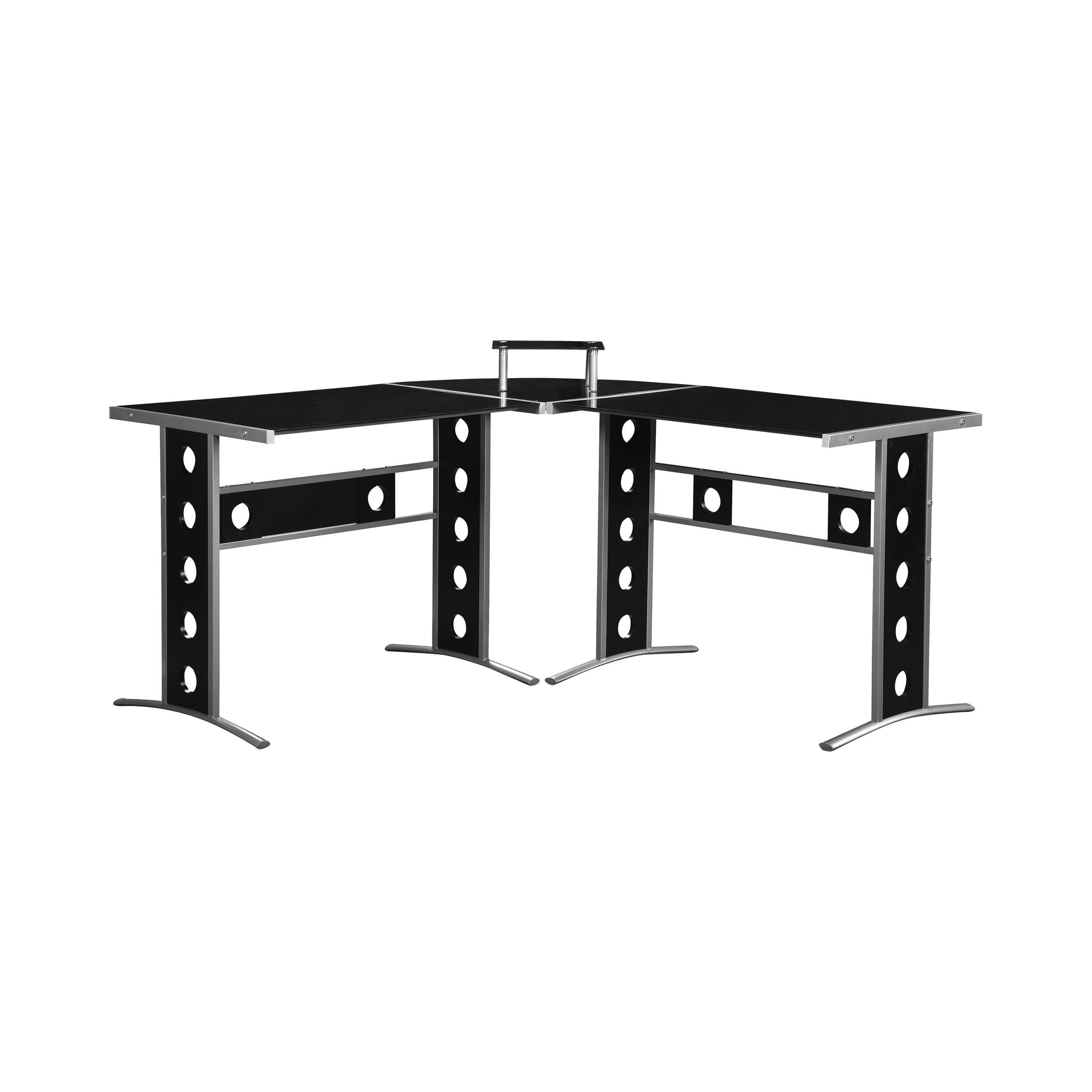 Contemporary Black Glass L-Shape Corner Desk with Silver Accents