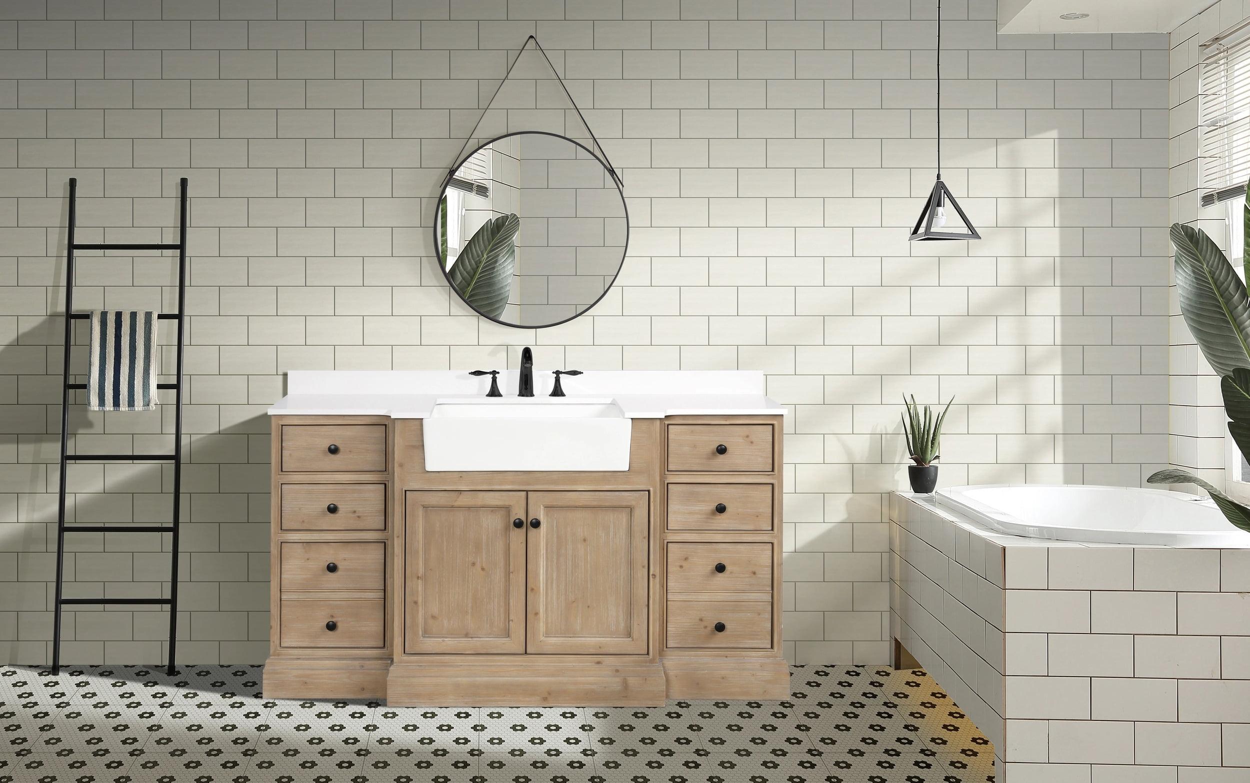 Kelly 60" Weathered Fir Bathroom Vanity with White Stone Countertop