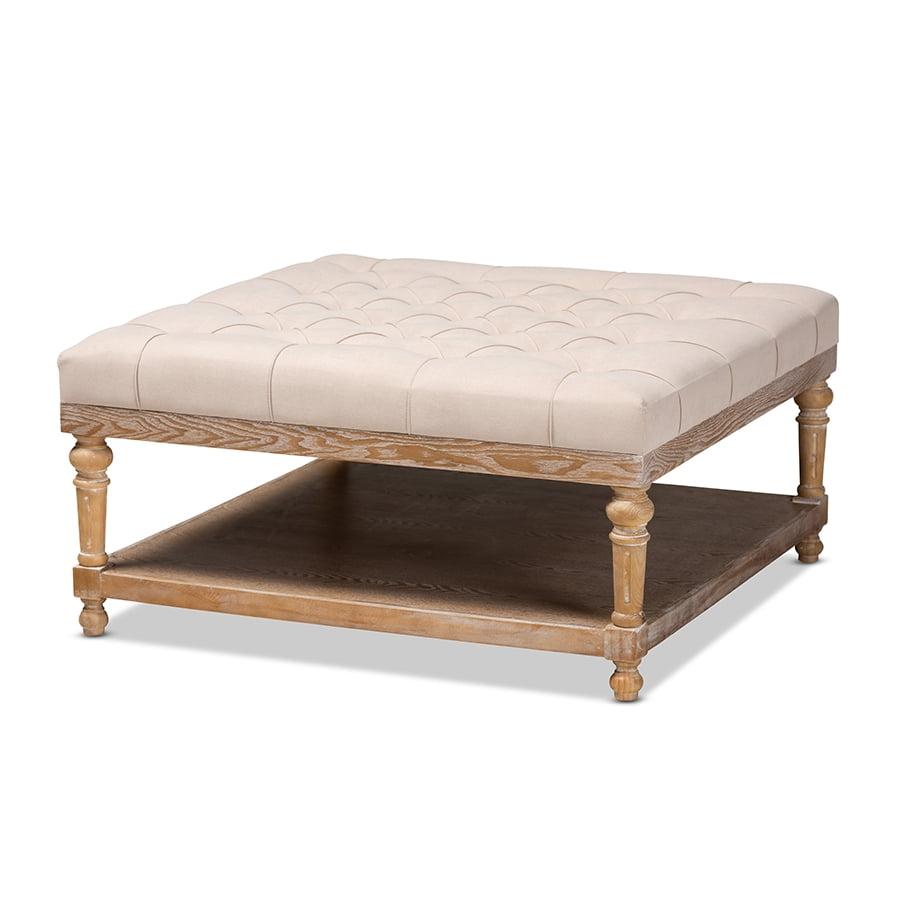 Elegant Beige Linen and Greywashed Wood Tufted Cocktail Ottoman