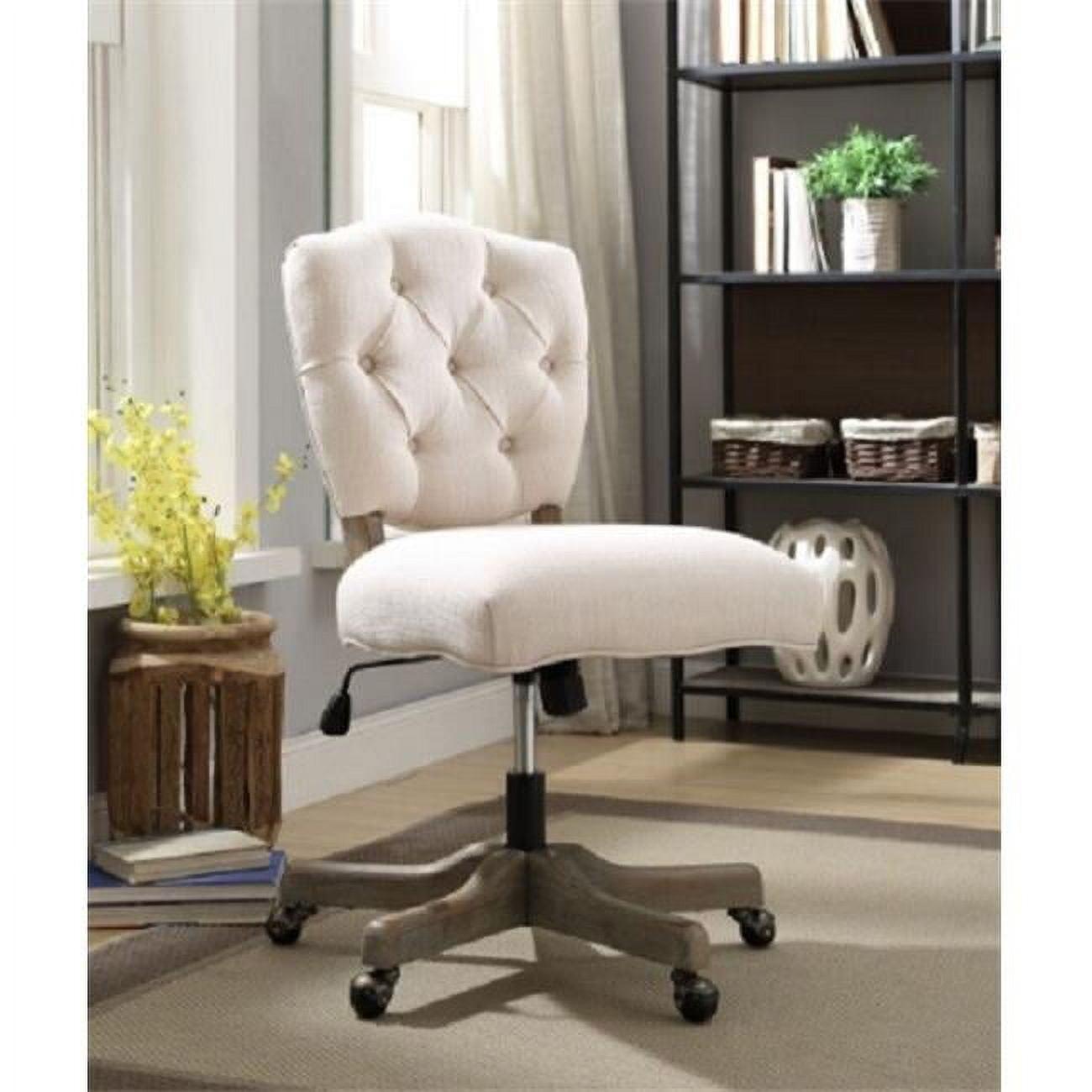 Kelsey Swivel Office Chair with Tufted Back in White and Natural Wood