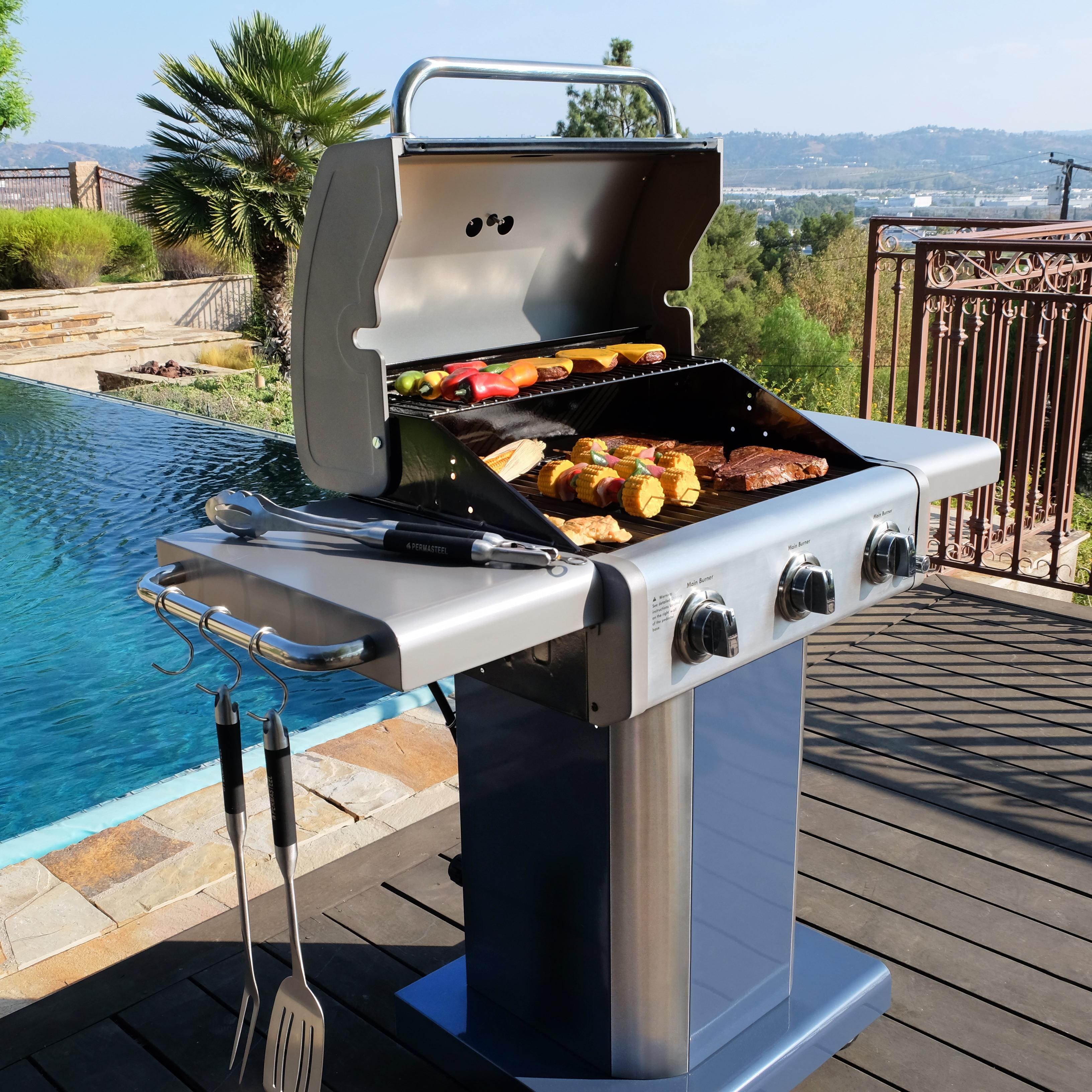 Kenmore 3-Burner Propane Gas Grill with Foldable Side Tables for Outdoor BBQ