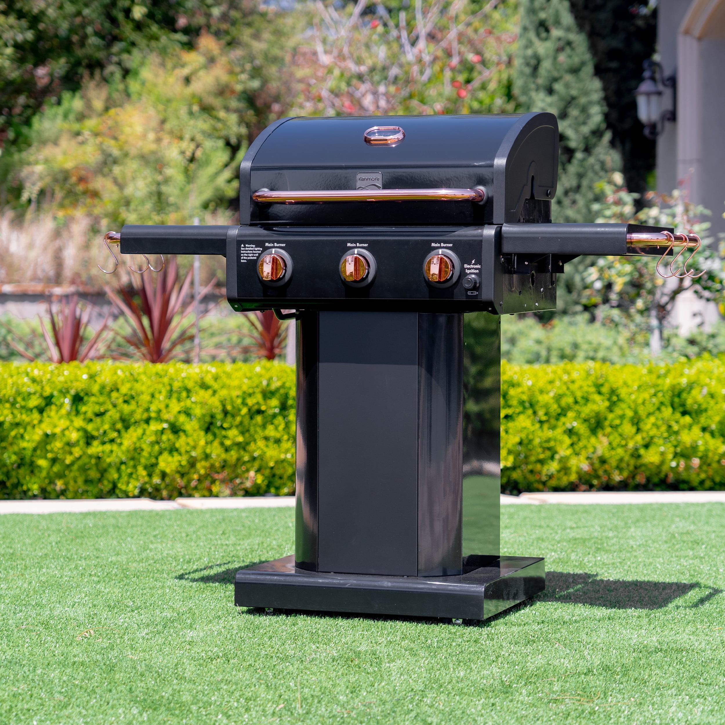 Kenmore 3-Burner Propane Gas Grill with Foldable Side Tables for Outdoor BBQ