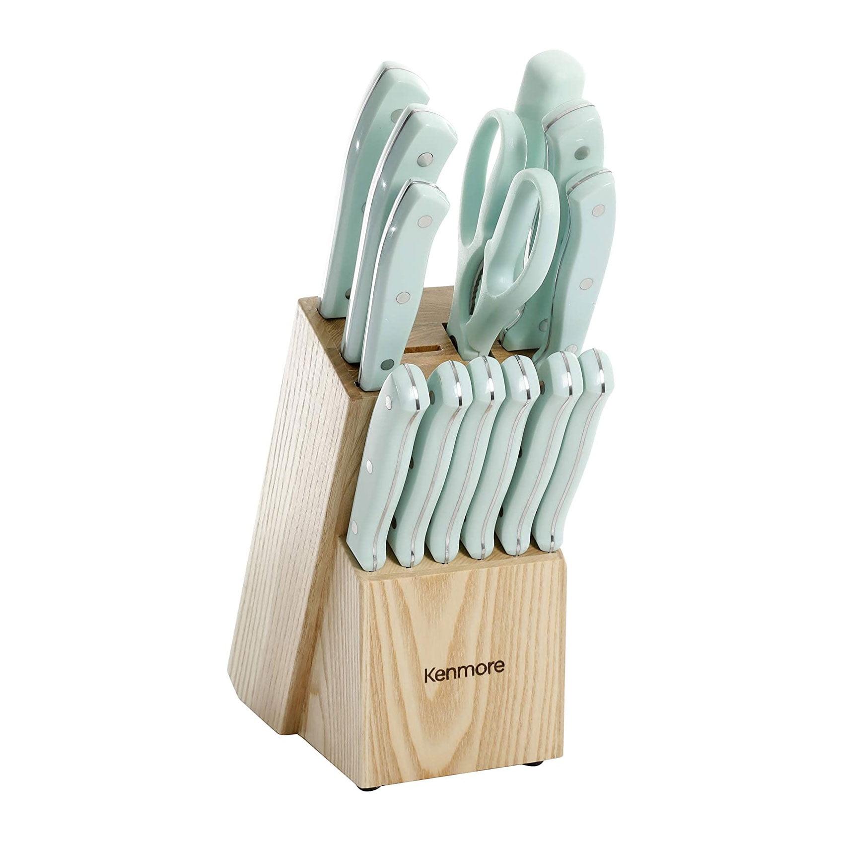 Kenmore Kane 14-Piece Glacier Blue Stainless Steel Cutlery Set with Rubber Wood Block