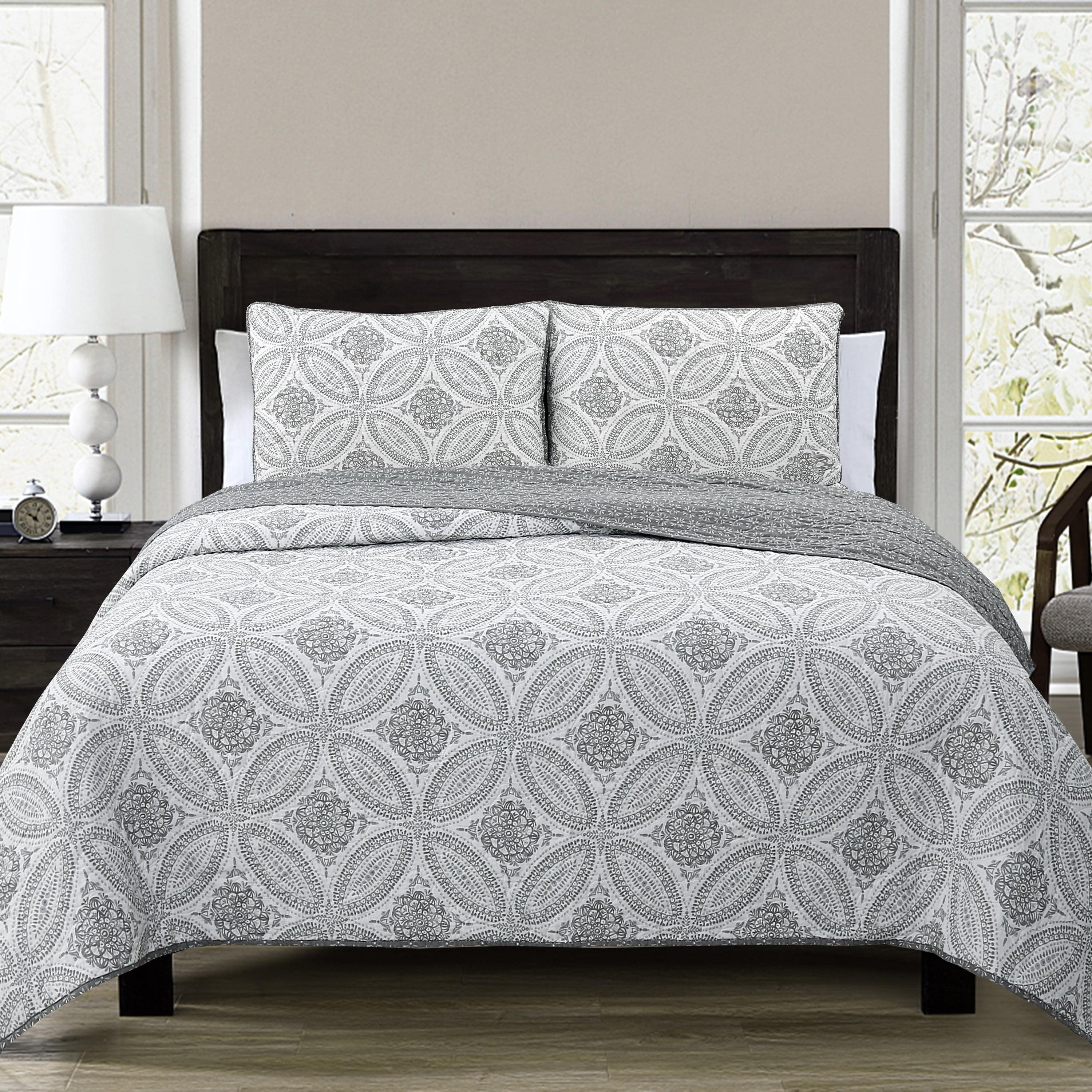 Gray Reversible Microfiber Twin Quilt Set with Trim