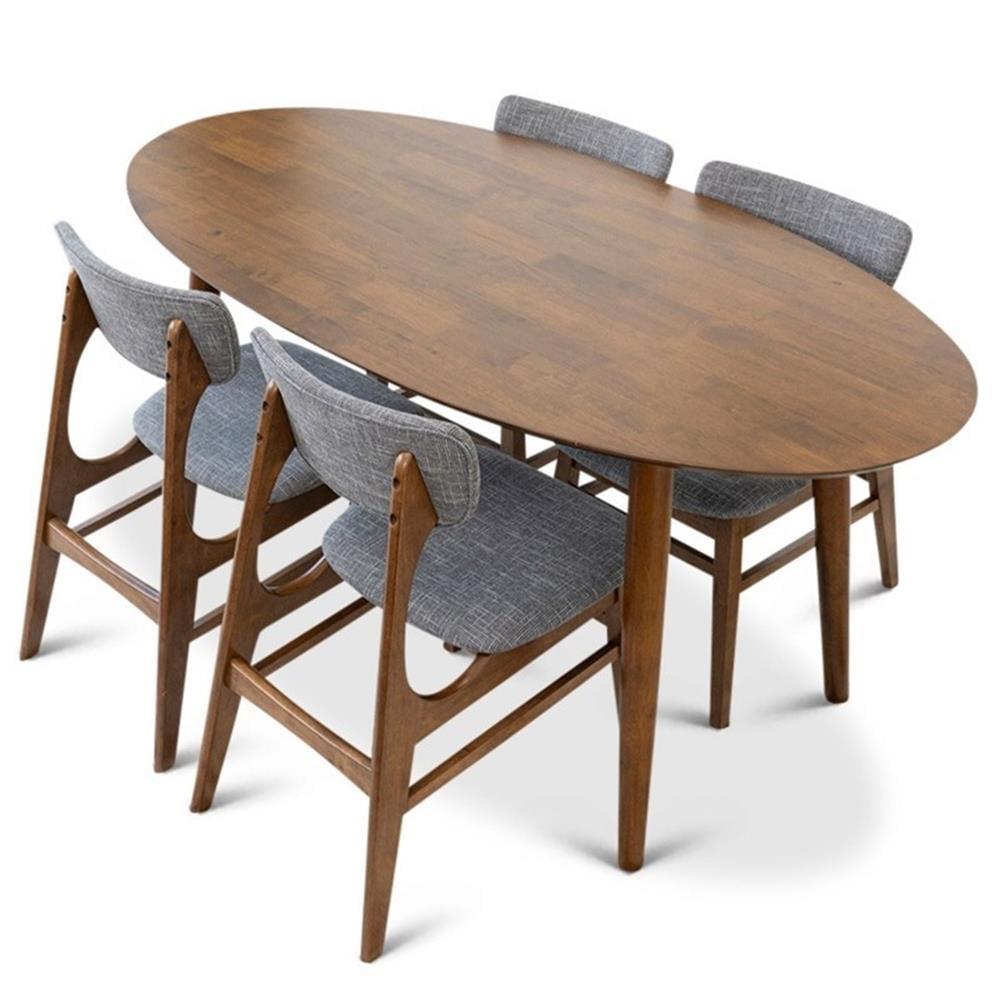 Walnut Oval Solid Wood Dining Table Set with 4 Gray Upholstered Chairs