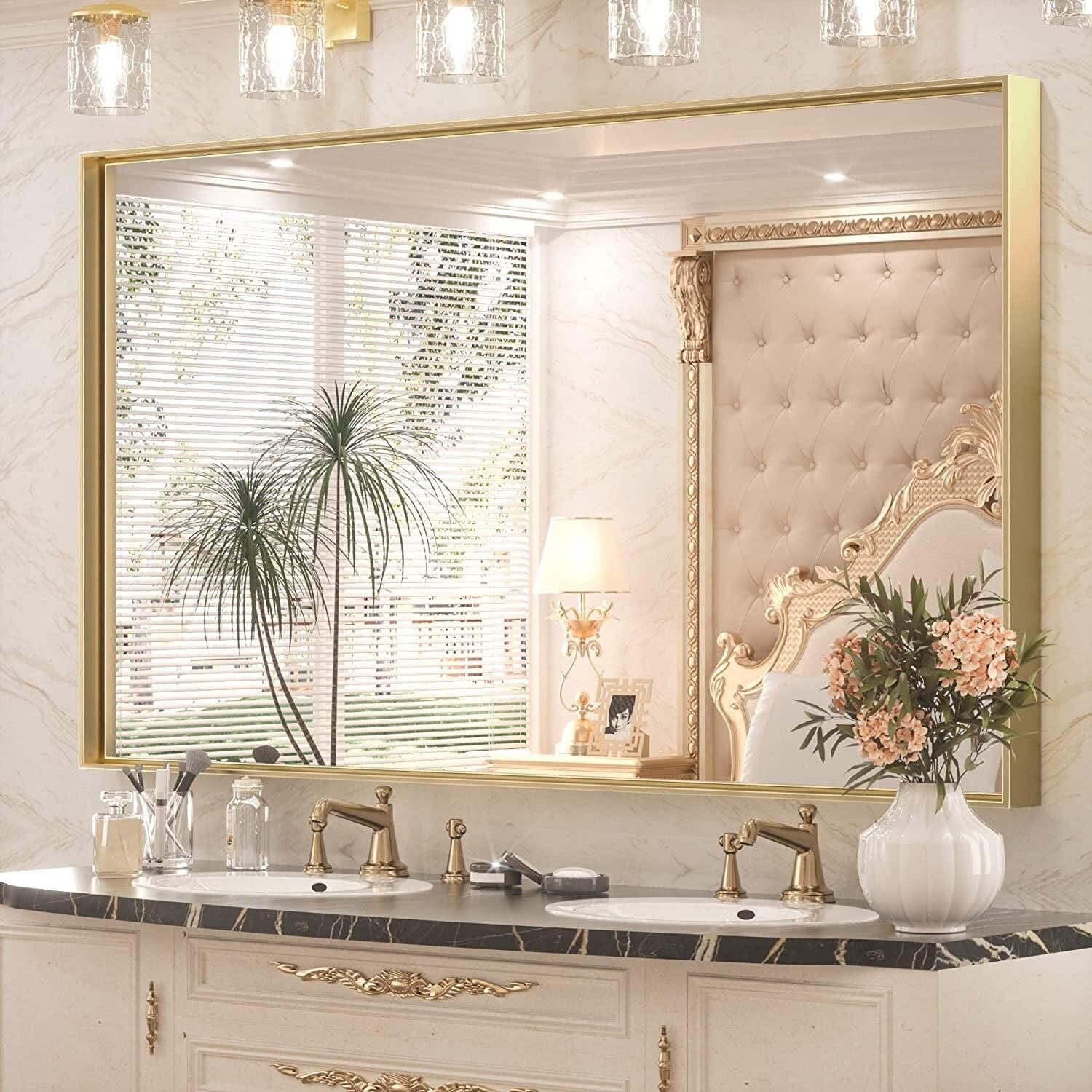 Keonjinn  Modern Metal Framed Bathroom Vanity Wall Mounted Mirror 48x30 - Gold