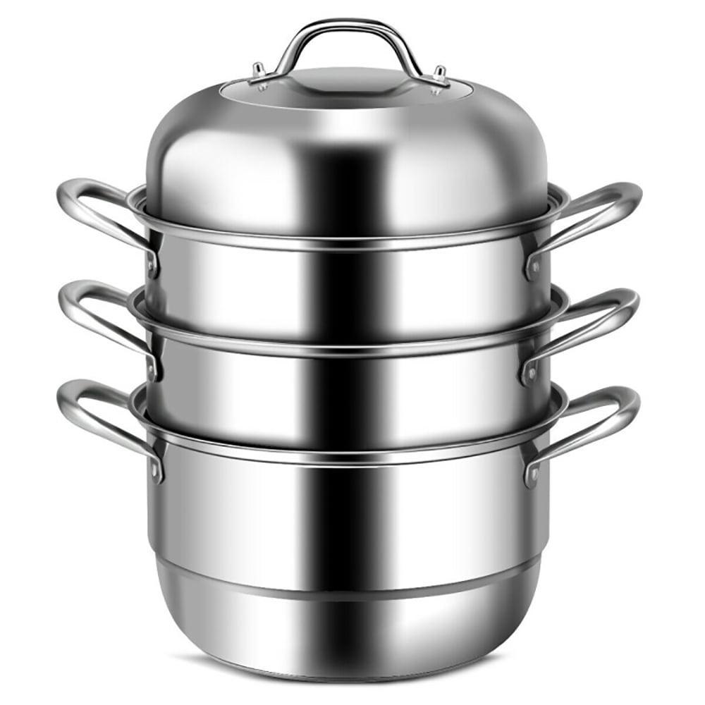 3-Tier Stainless Steel Steamer Pot with Tempered Glass Lid