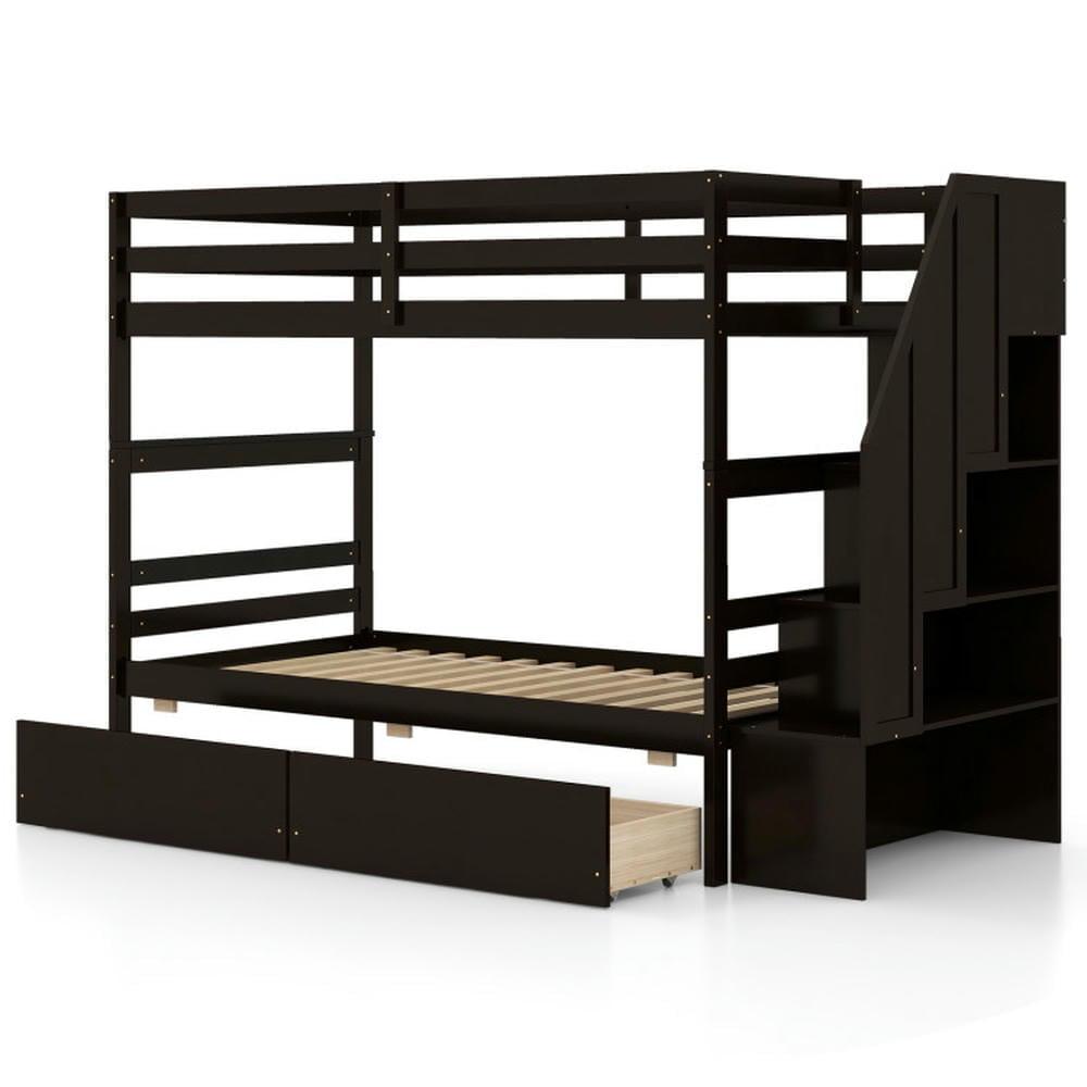 Kepooman Bed Frame, Bed Frame Mattress Foundation,Twin Over Twin Bunk Bed with Storage Stairs and Drawers-Coffee