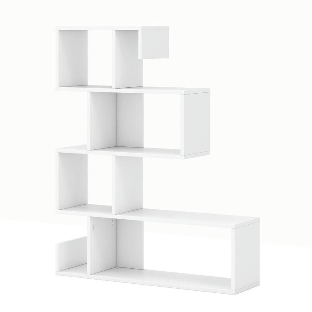 White Geometric S-Shaped 5-Tier Bookshelf with Open Cubes