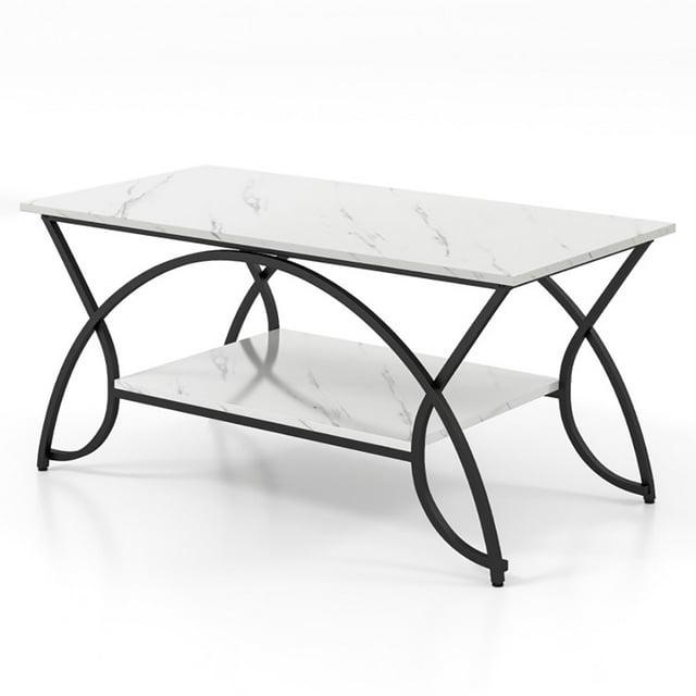 Kepooman Coffee Table,Center Table, Modern Sofa Table Tea Table,2-Tier Faux Marble Coffee Table with Marble Top and Metal Frame-Black & White
