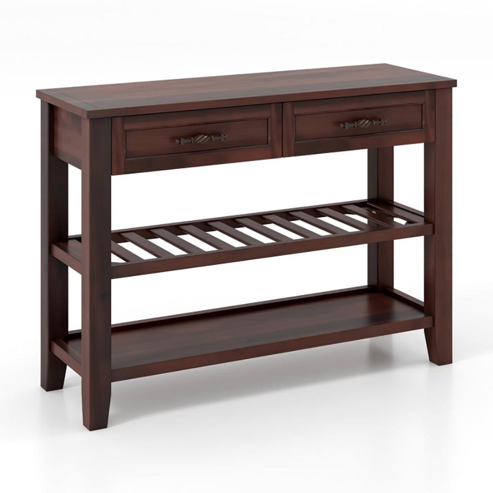 Dark Brown Wood Console Table with Storage Drawers and Shelves