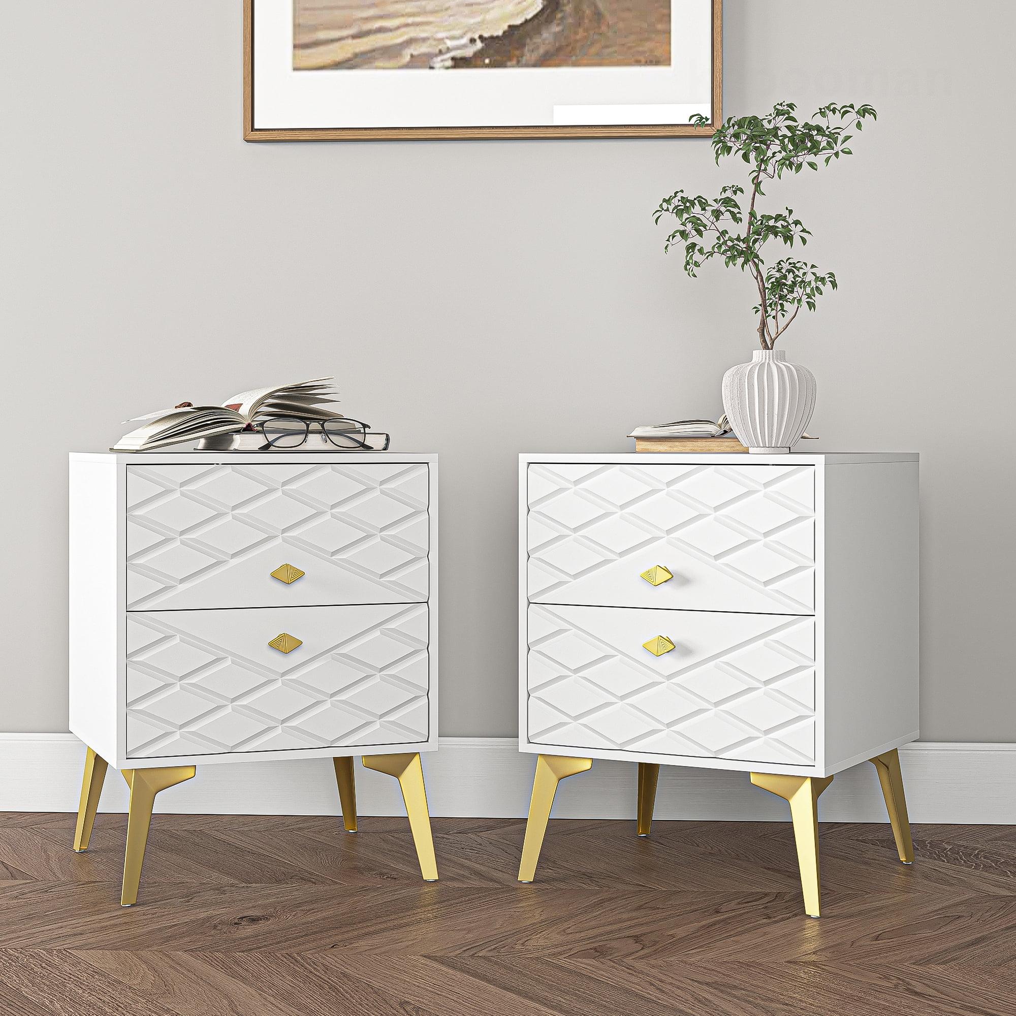 White Nightstand Set of 2, End Side Table Double, Bedside Table with 2 Drawers, Dual Night Stand Metal Legs for Bedroom Living Room