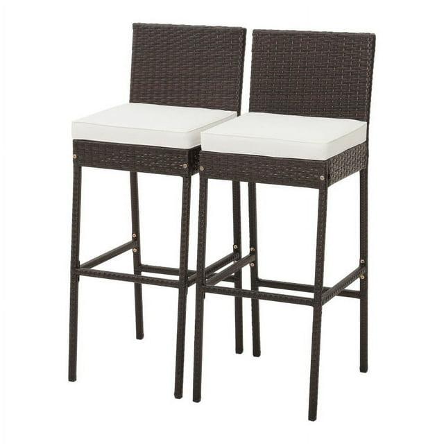 Kepooman Outdoor Bar Stool, 2 Pieces Patio Cushioned Wicker Barstools with Cozy Footrest-Set of 2