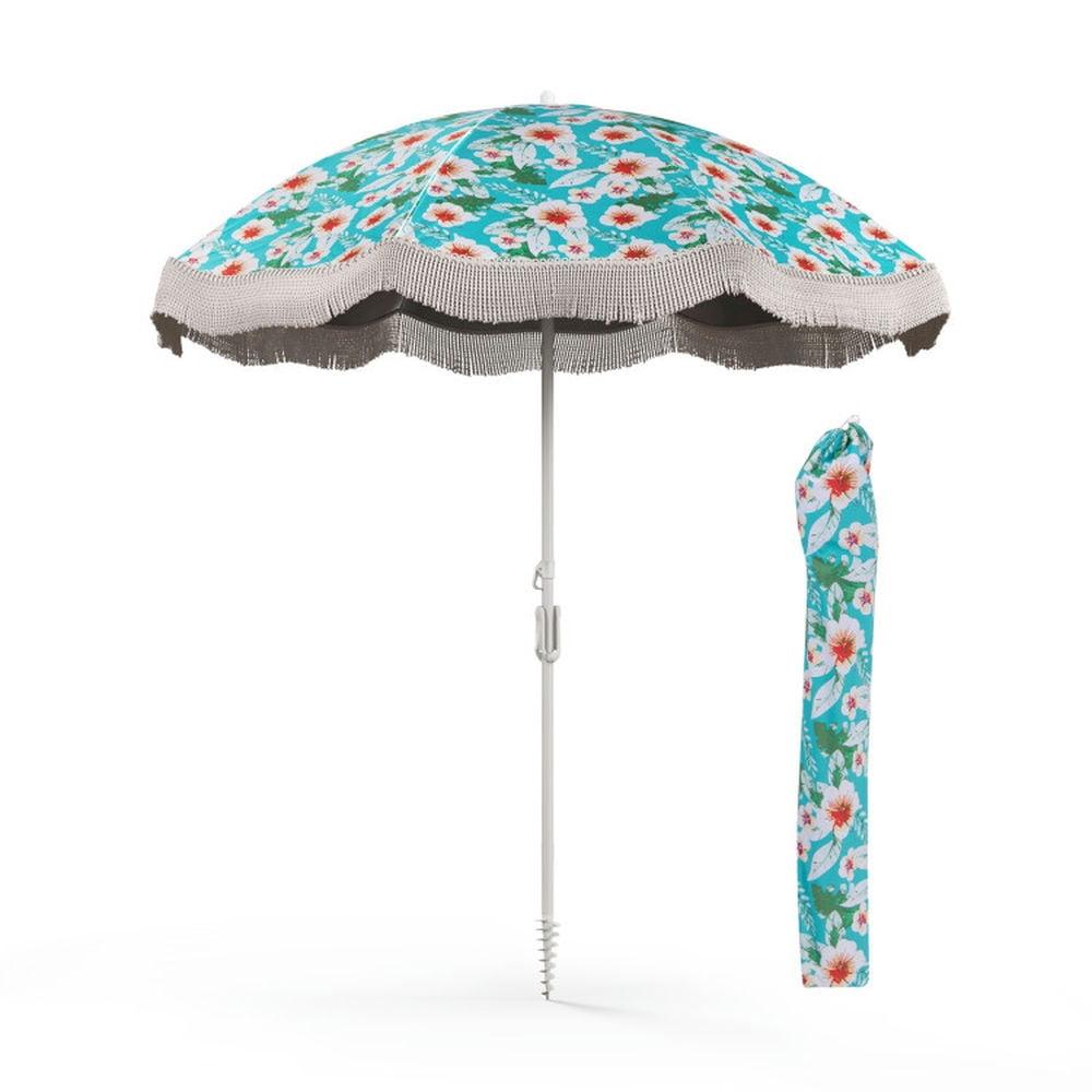Tangkula 6.5 FT Beach Umbrella w/ Fringe Tassel Umbrella w/ Push Button Tilt Sand Anchor Green