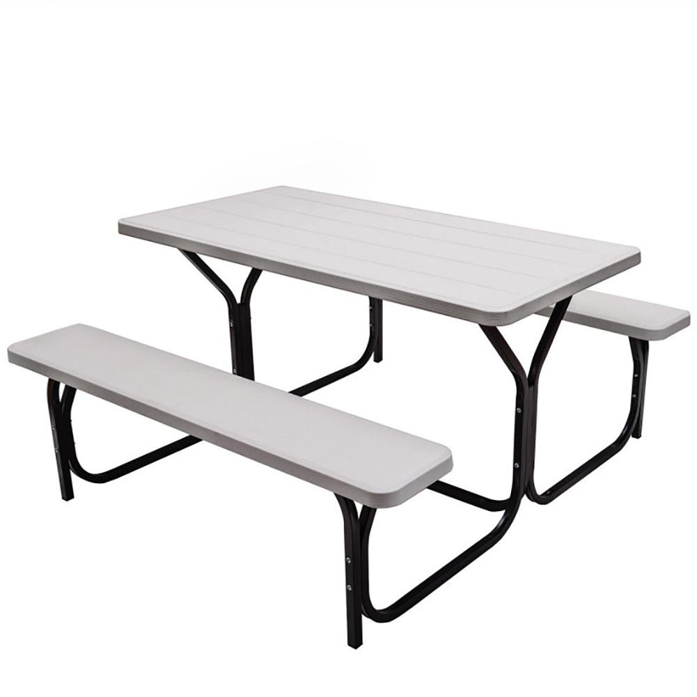 Tangkula Outdoor Picnic Table Bench Set Patio Camping Table w/Steel Frame & Wood Texture Tabletop for Garden White