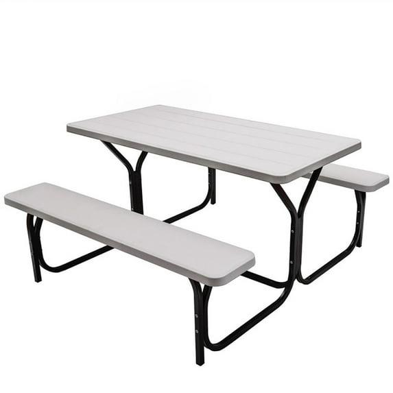 Tangkula Outdoor Picnic Table Bench Set Patio Camping Table w/Steel Frame & Wood Texture Tabletop for Garden White