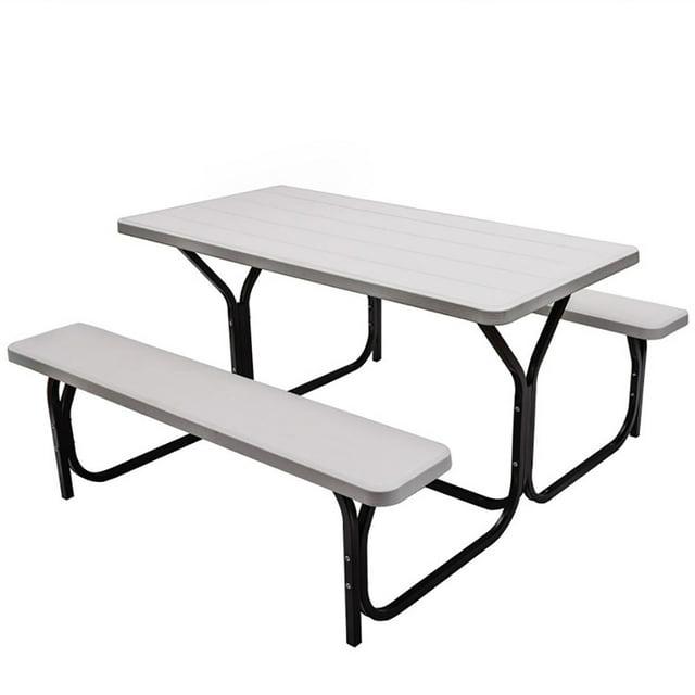 Tangkula Outdoor Picnic Table Bench Set Patio Camping Table w/Steel Frame & Wood Texture Tabletop for Garden White