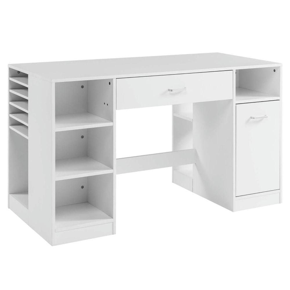 White Engineered Wood Sewing Craft Table with Storage Shelves and Drawer