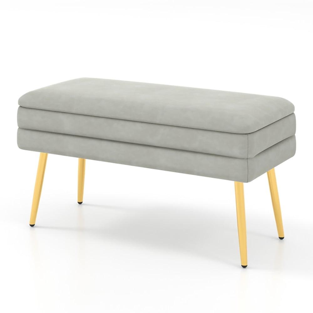 Tangkula Velvet Upholstered Storage Bench Bedroom Ottoman Bench w/ Removable Top Grey