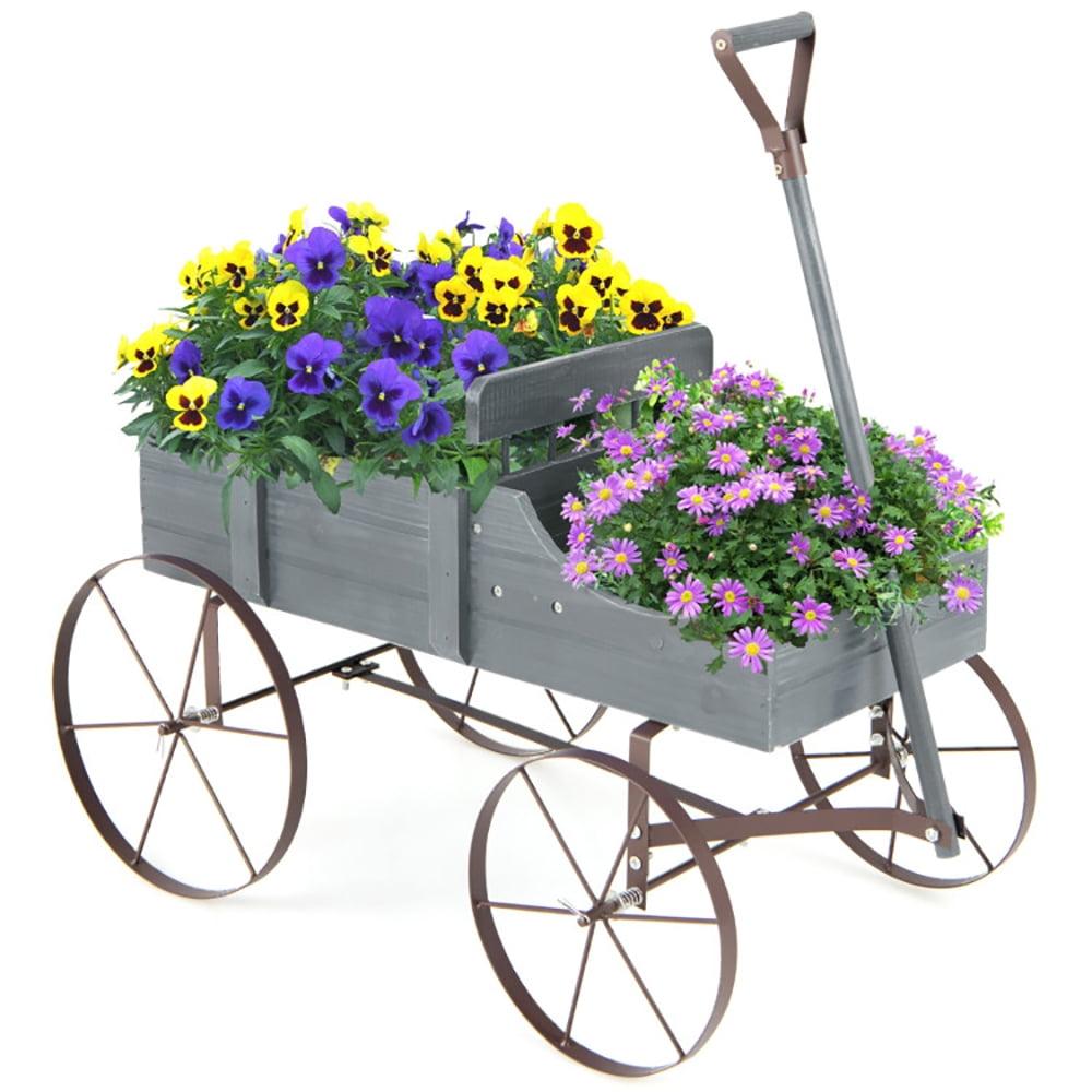 Wooden Wagon Plant Bed With Metal Wheels For Garden Yard Patio