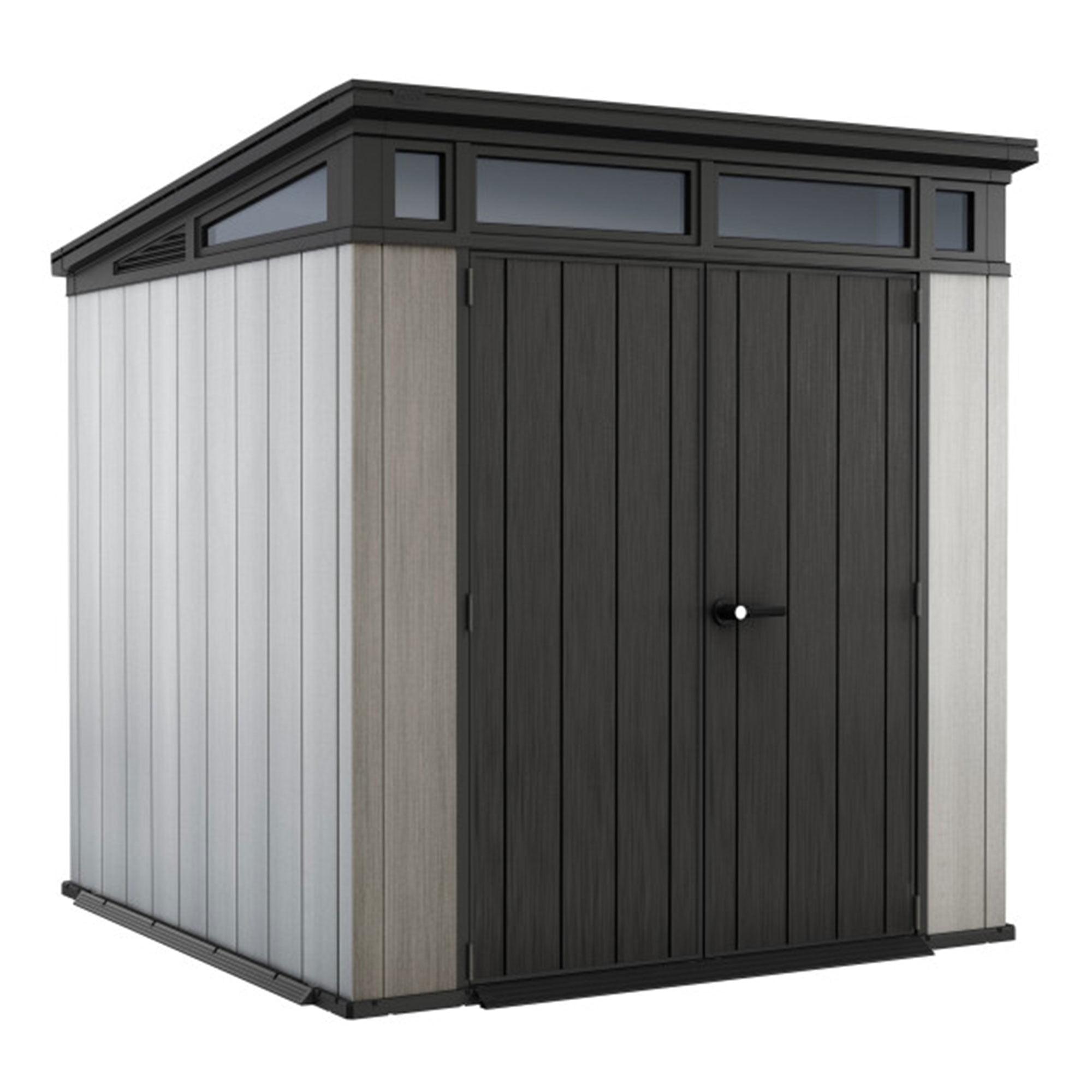 Keter Artisan 7x7 ft. Modern Durable Resin Outdoor Storage Shed With Floor and Double Doors for Garden Patio Furniture and Tools, Grey
