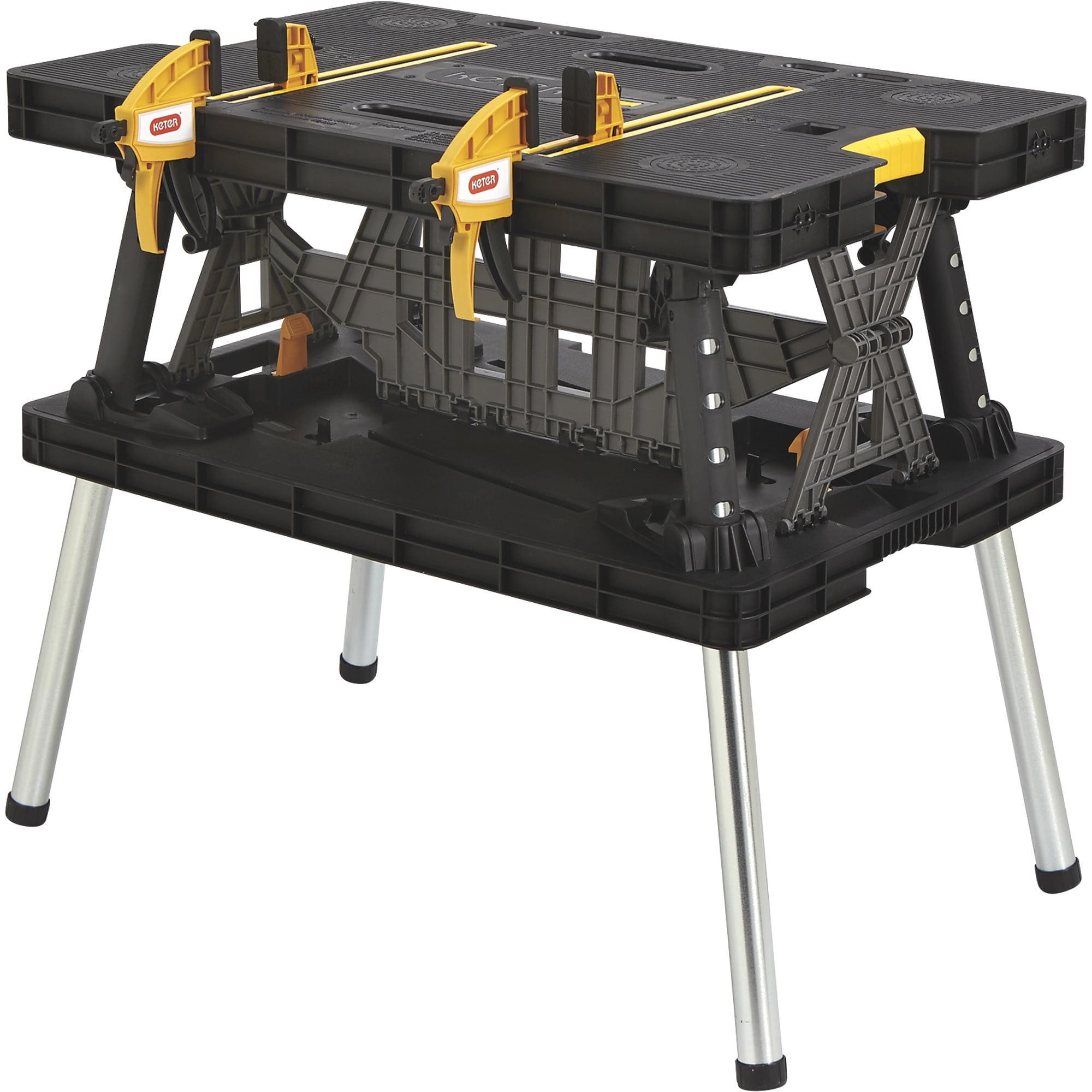 Keter Folding Portable Workbench Sawhorse with (2) 12" Clamps, Black and Yellow