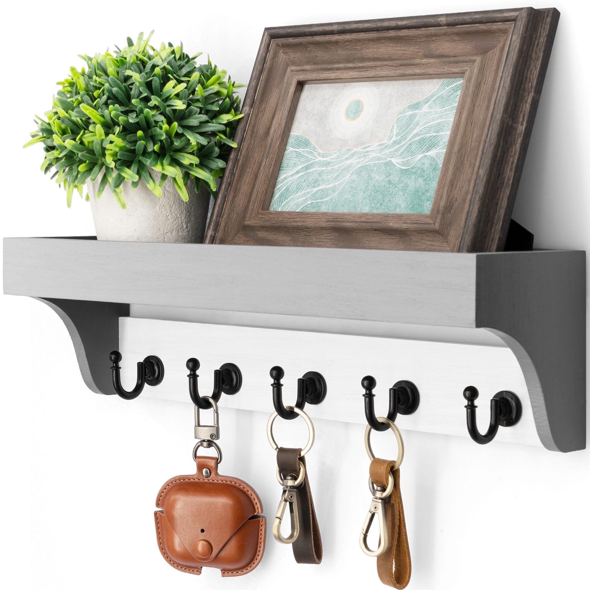 Rebee Vision Key Holder Wall Mount with Shelf - Key and Mail Organizer with 5 Hooks and Shelf (Gray&White, 14-inch)