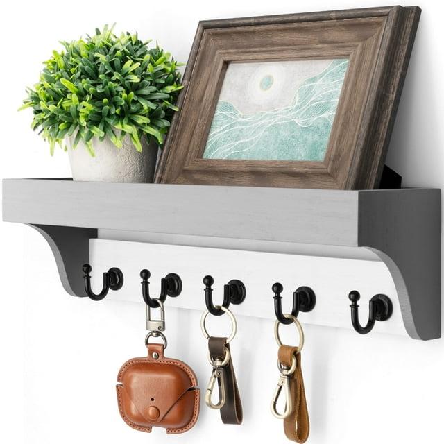 Rebee Vision Key Holder Wall Mount with Shelf - Key and Mail Organizer with 5 Hooks and Shelf (Gray&White, 14-inch)
