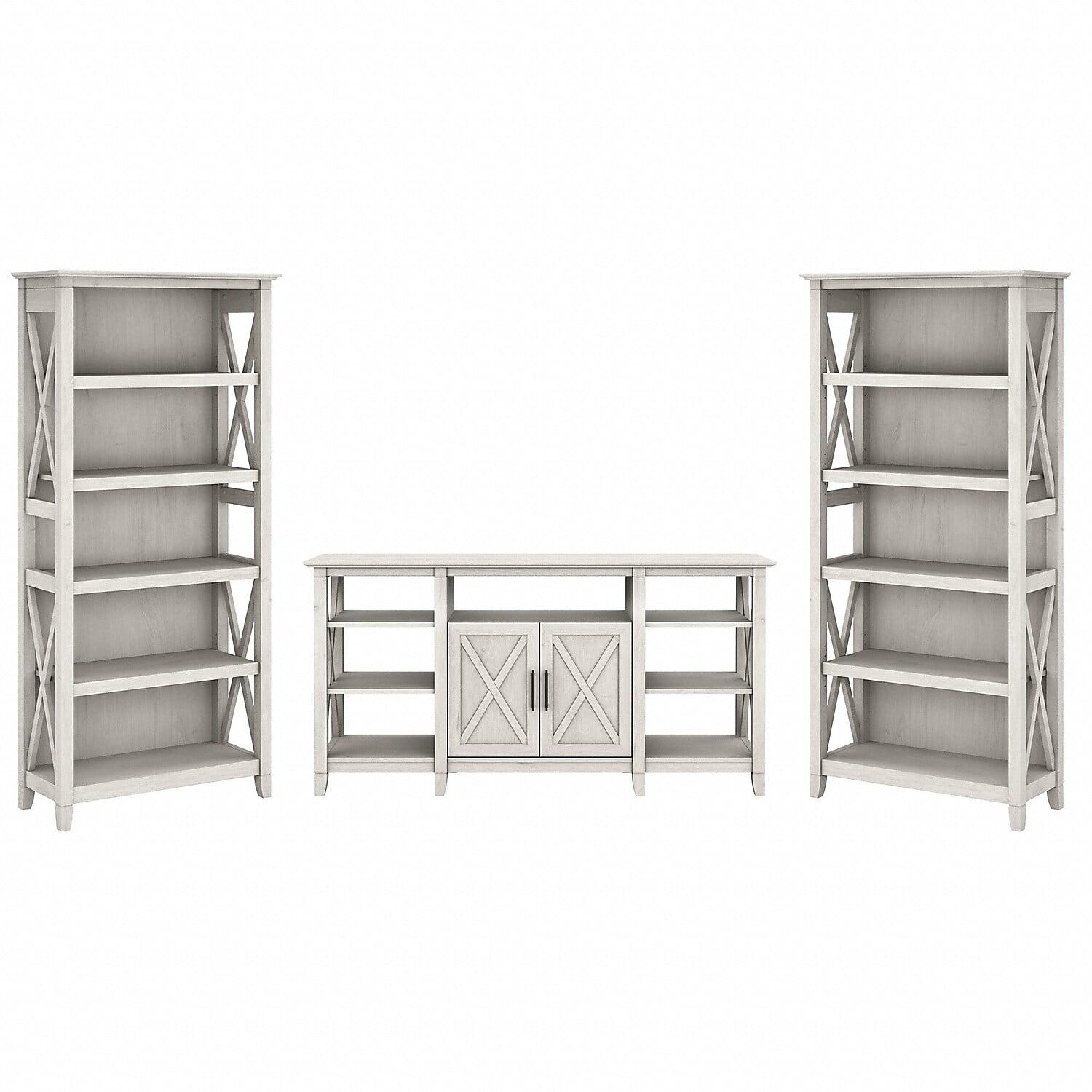 Coastal Charm Linen White Oak Media Center with Integrated Bookcases