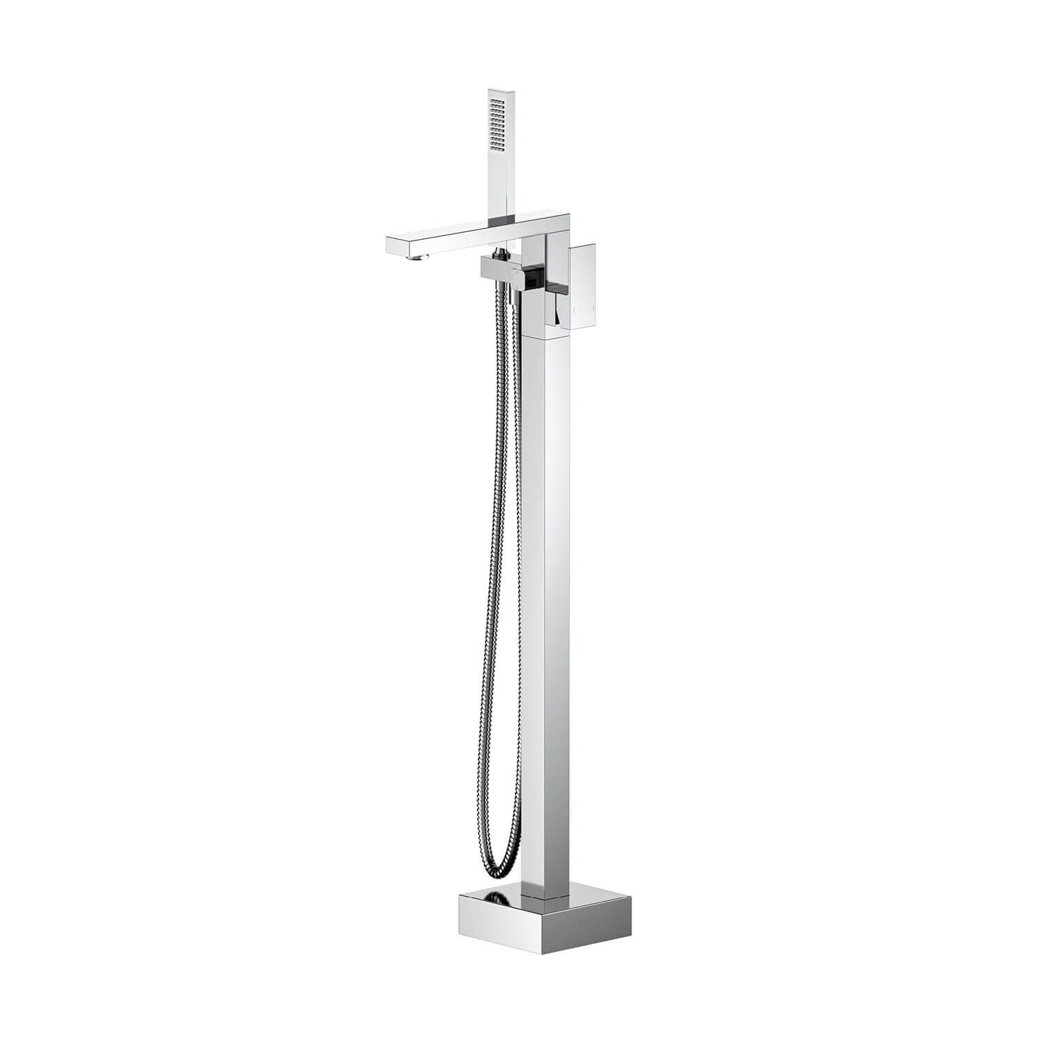 Chrome Cube Floor Mount Tub Filler with Hand Shower