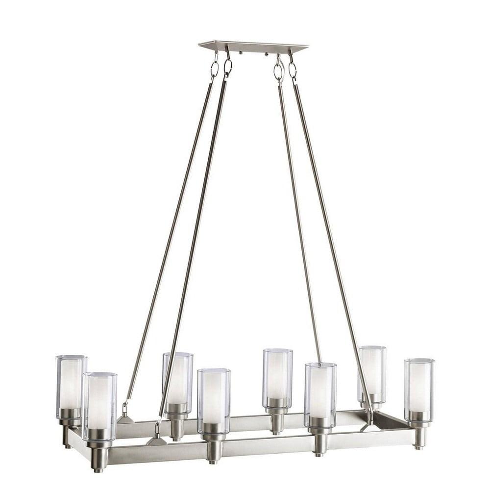 Circolo 39.25" 8 Light Linear Chandelier with Clear Outer and Satin Etched Inner Cylinders Brushed Nickel