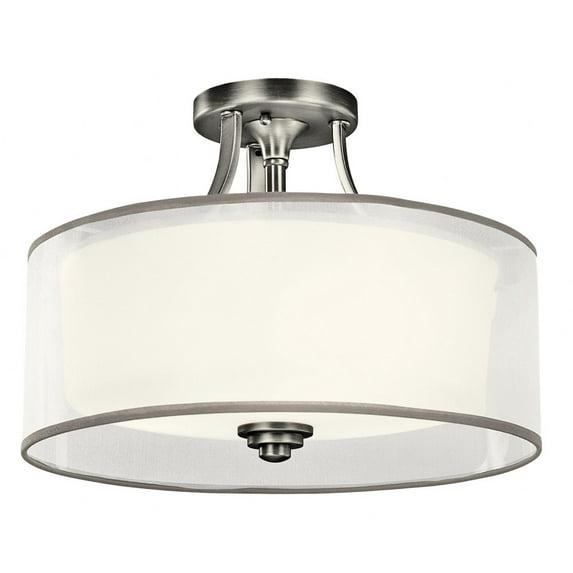 Lacey 15" 3 Light Semi Flush with Satin Etched Cased Opal Inner Diffusers and White Translucent Organza Outer Shade in Antique Pewter