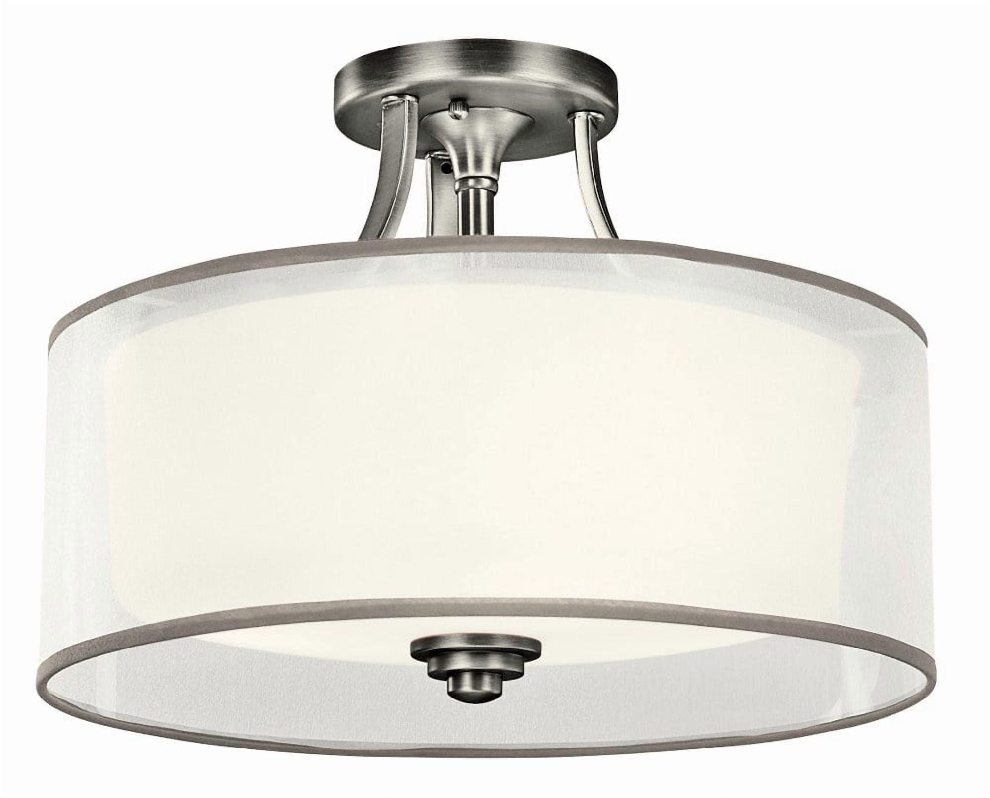 Lacey 15" 3 Light Semi Flush with Satin Etched Cased Opal Inner Diffusers and White Translucent Organza Outer Shade in Antique Pewter