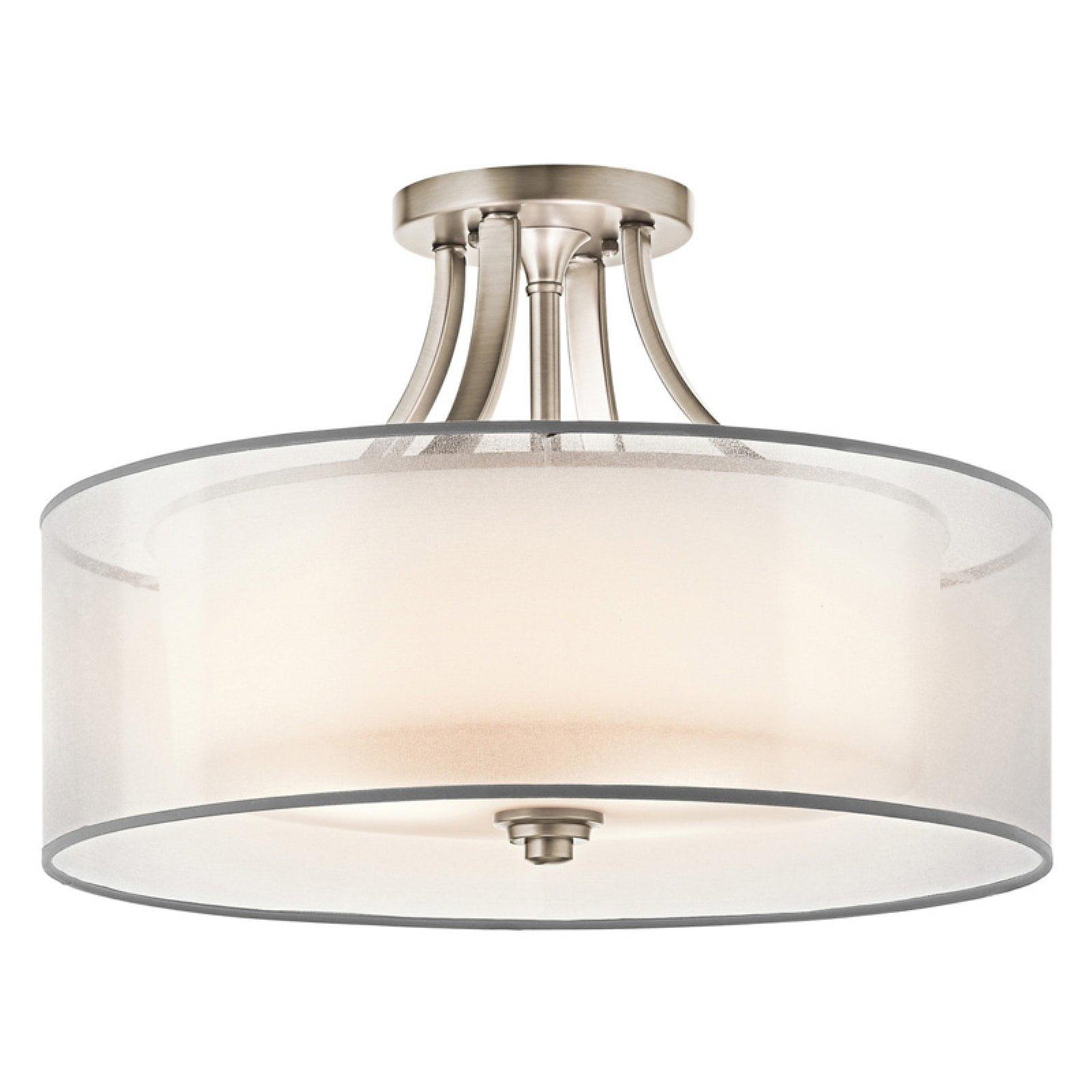 Lacey 20" 4 Light Semi Flush with Satin Etched Cased Opal Inner Diffusers and White Translucent Organza Outer Shade in Antique Pewter