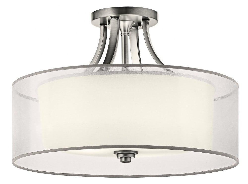 Lacey 20" 4 Light Semi Flush with Satin Etched Cased Opal Inner Diffusers and White Translucent Organza Outer Shade in Antique Pewter