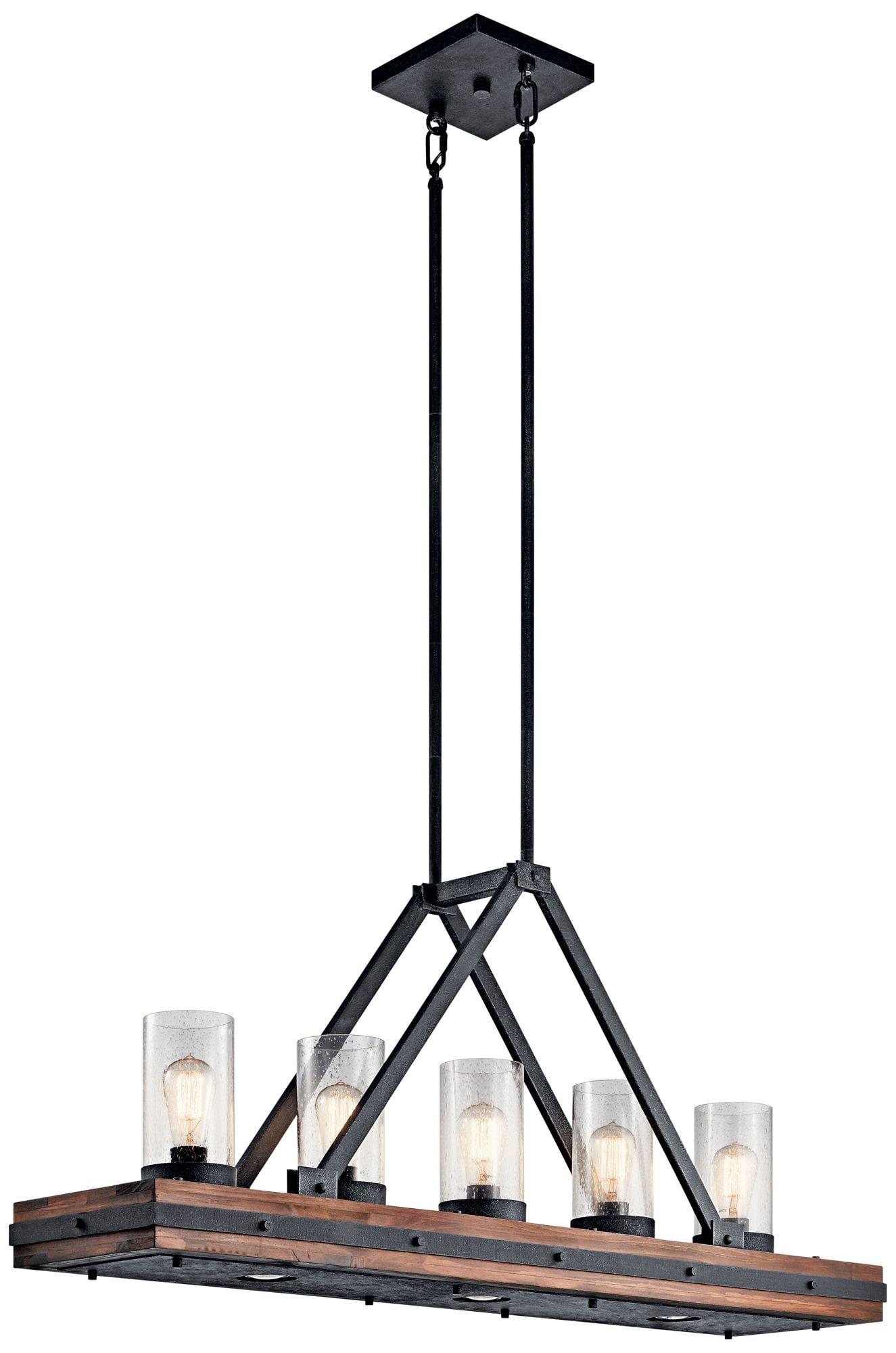 Auburn Stained Wood and Bronze 5-Light Linear Chandelier