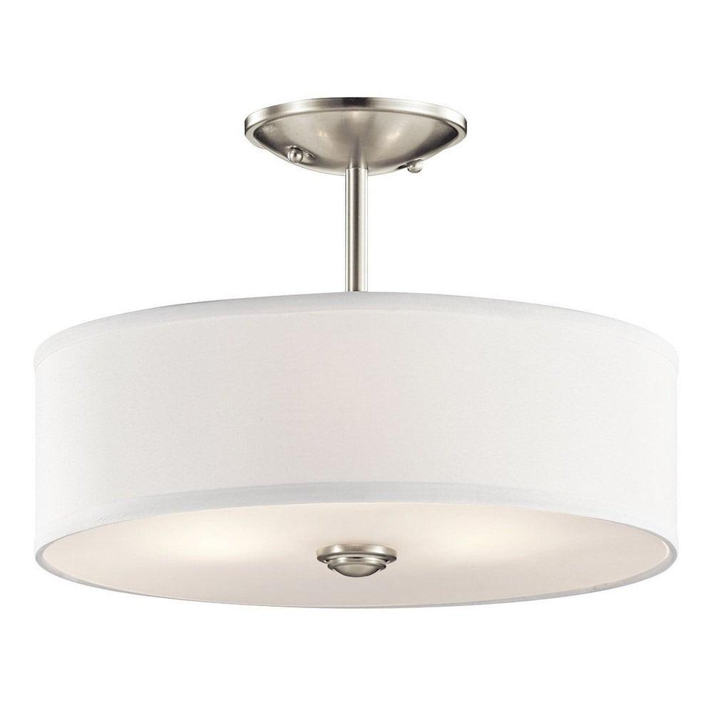 Shailene 14" 3 Light Round Semi Flush with Satin Etched White Diffuser and White Microfiber Shade in Brushed Nickel