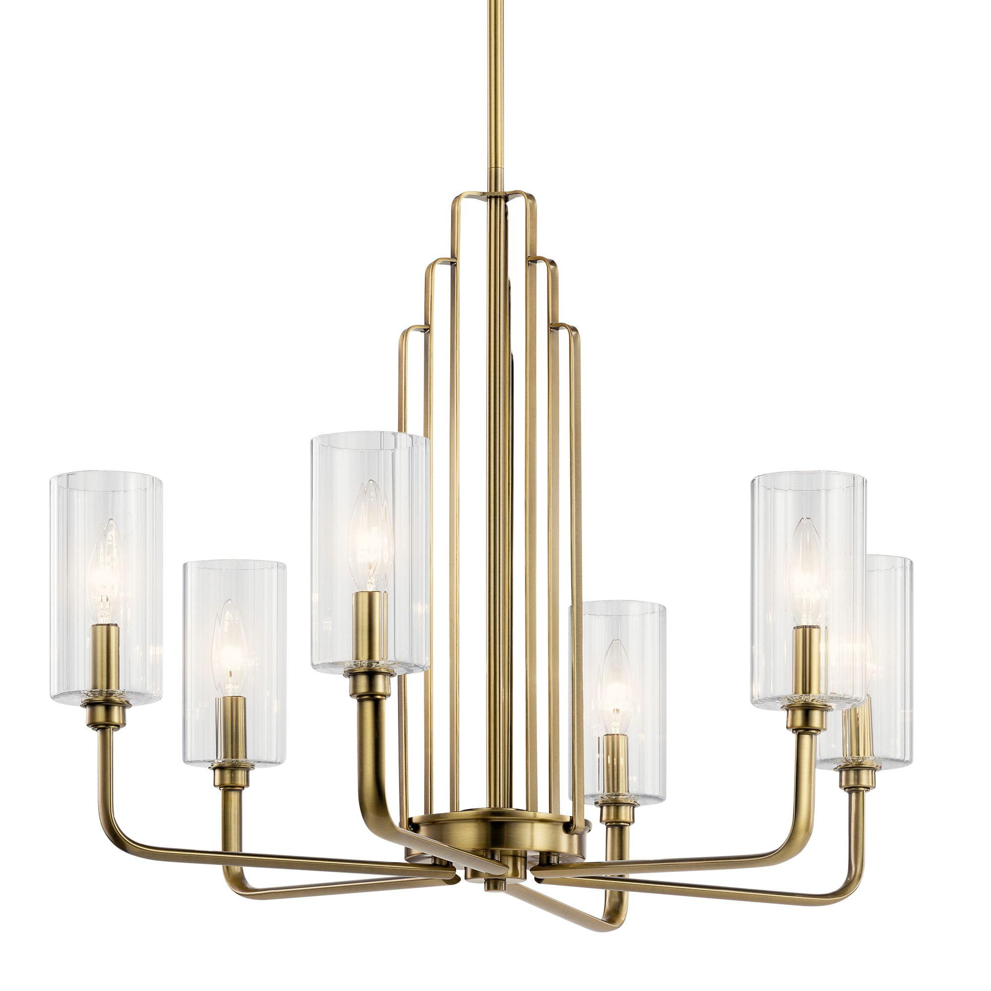 Art Deco Brushed Brass 6-Light Chandelier with Etched Clear Glass