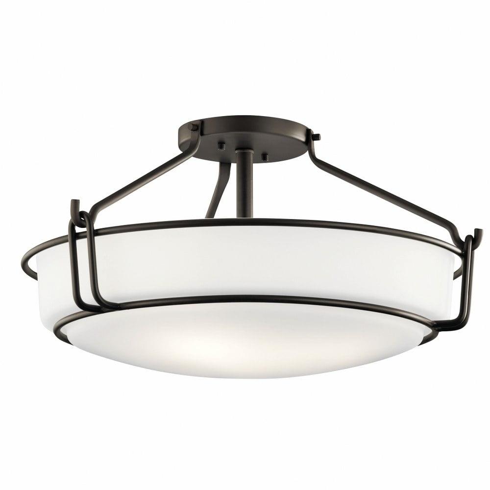 Olde Bronze and White Glass 3-Light Semi-Flush Ceiling Fixture