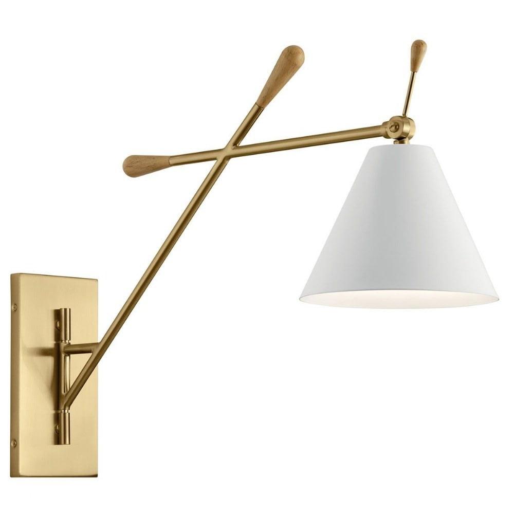 Champagne Gold Swing Arm Wall Sconce with Natural Maple Accents