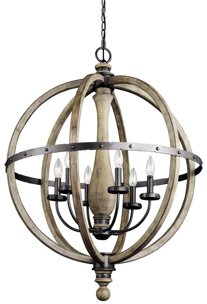 Evan 37.25" 6 Light Chandelier in Distressed Antique Gray Wood with Anvil Iron Detailing