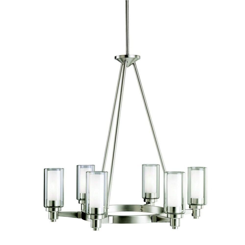 Circolo 26.5" 6 light Round Chandelier with Clear Outer and Satin Etched Inner Cylinders Brushed Nickel