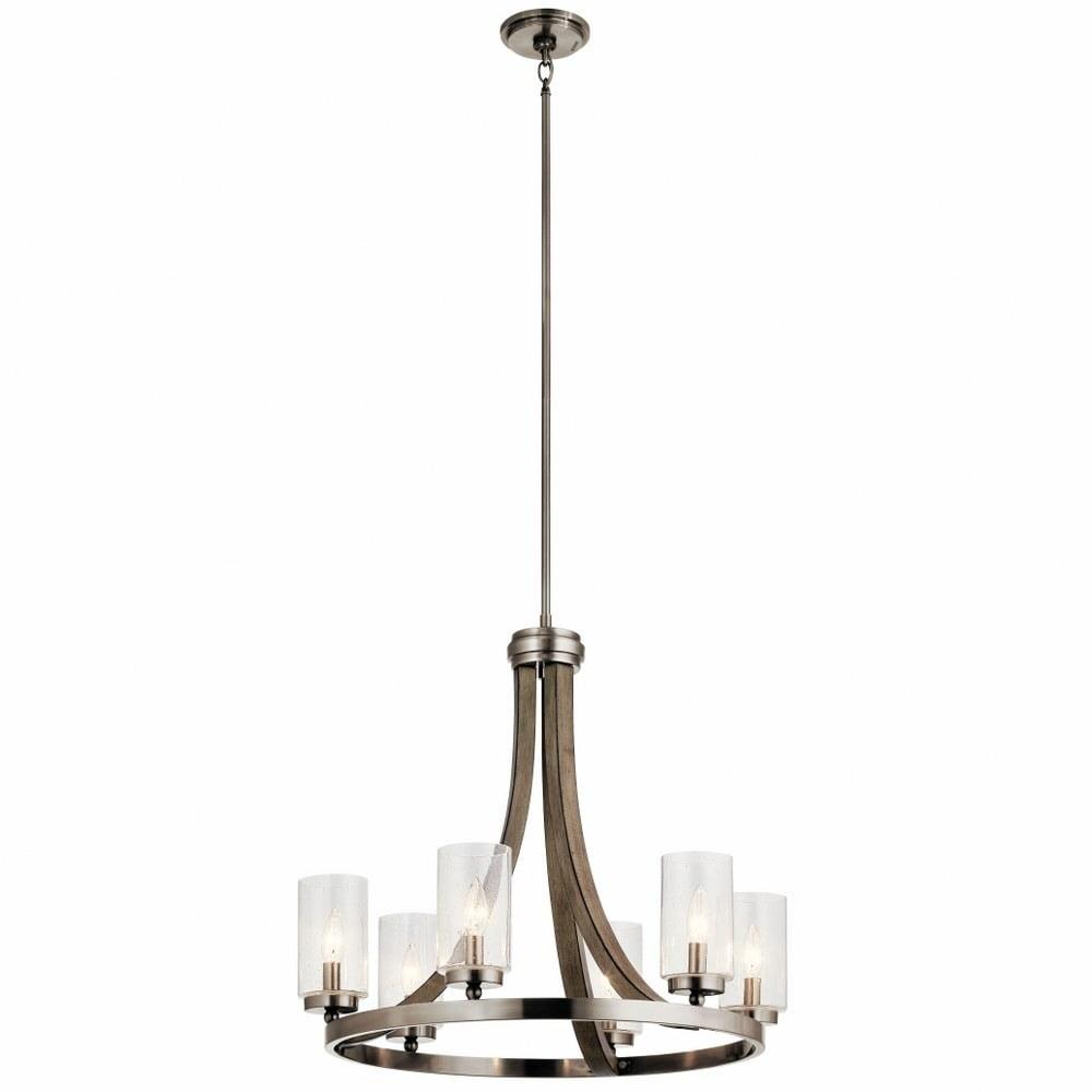 Grand Bank 22.5" 6 Light Chandelier with Clear Seeded Glass in Auburn Stained Wood and Distressed Black Metal