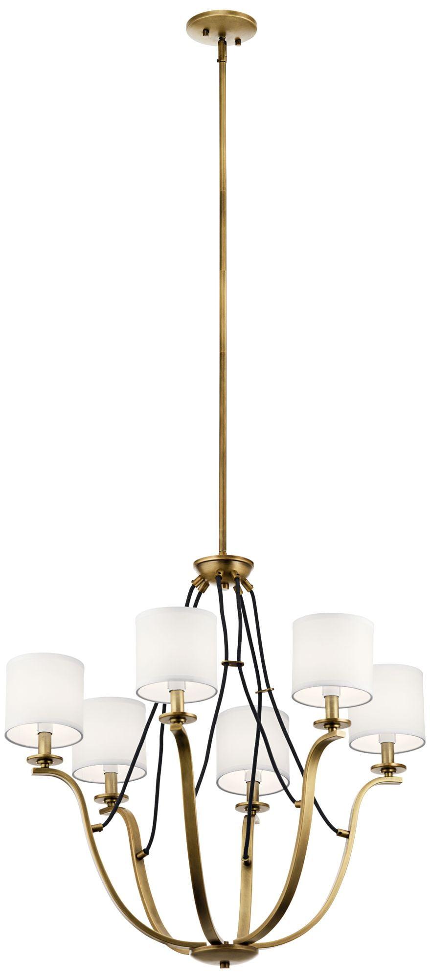 Natural Brass 6-Light Chandelier with White Drum Shades