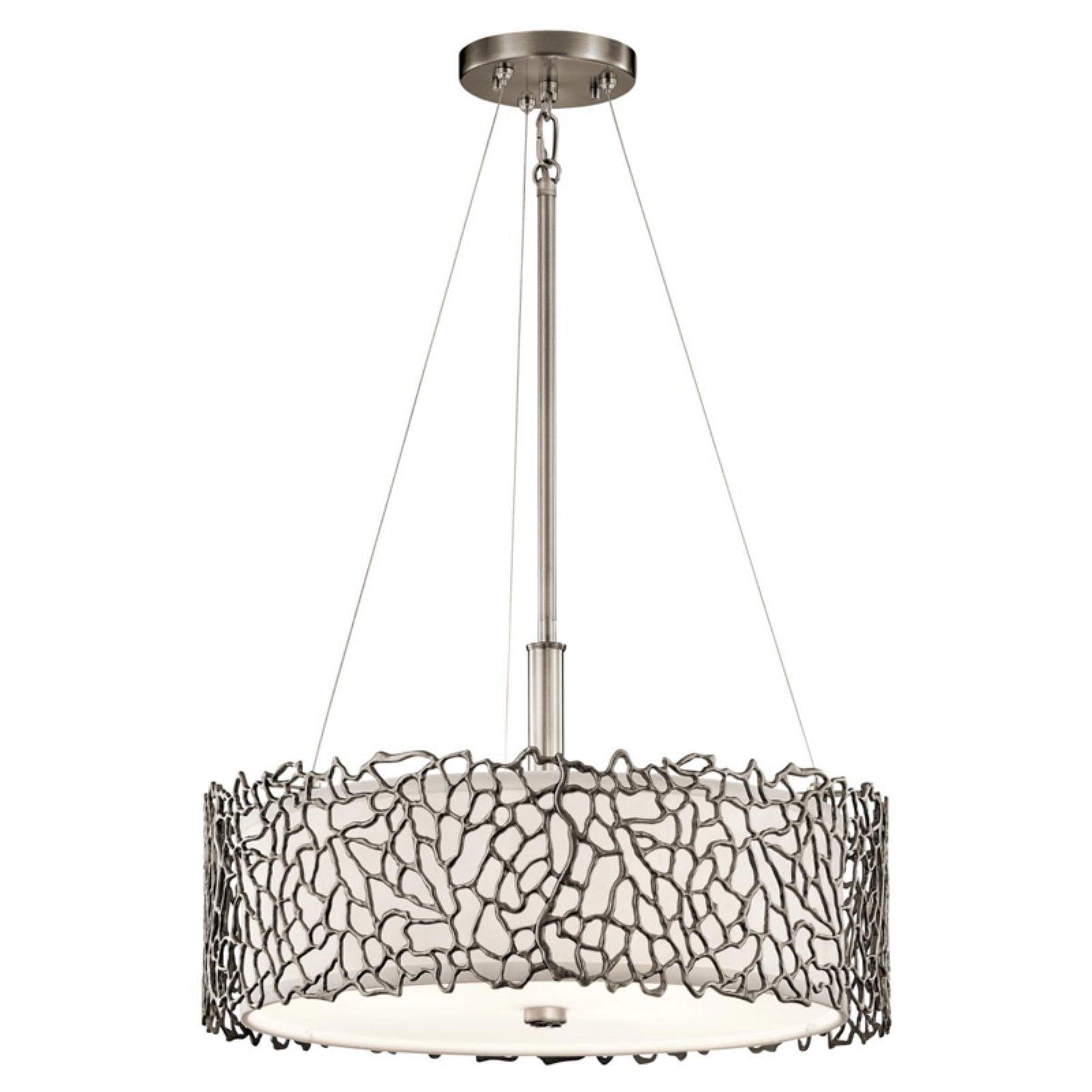 Classic Pewter 3-Light Coral Inspired Pendant with White Drum Shade